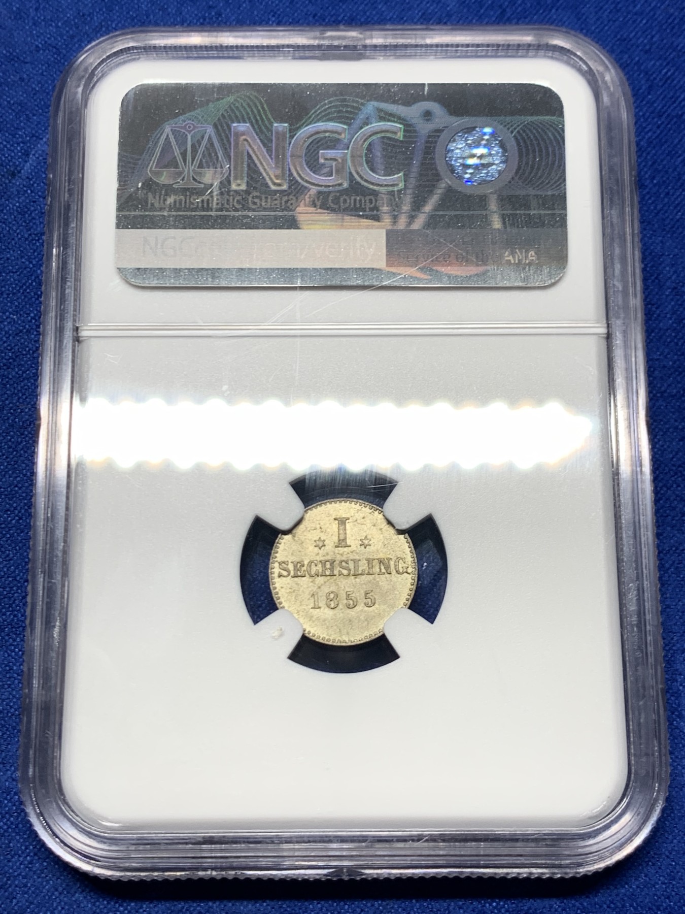 《竞宝斋》第261场-周日，周一，周二 3场连拍 (全场包邮) NGC MS65 德国 1855年 汉堡 1S 城堡先令 银币 黄油彩 高分 细节很好 更高分仅三枚