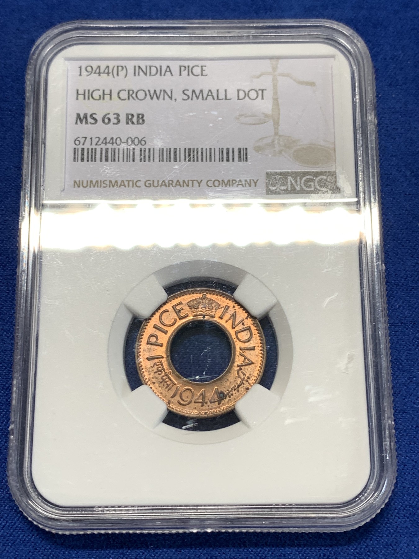 《竞宝斋》第261场-周日，周一，周二 3场连拍 (全场包邮) NGC MS63RB 印度1944年高冠派沙铜币