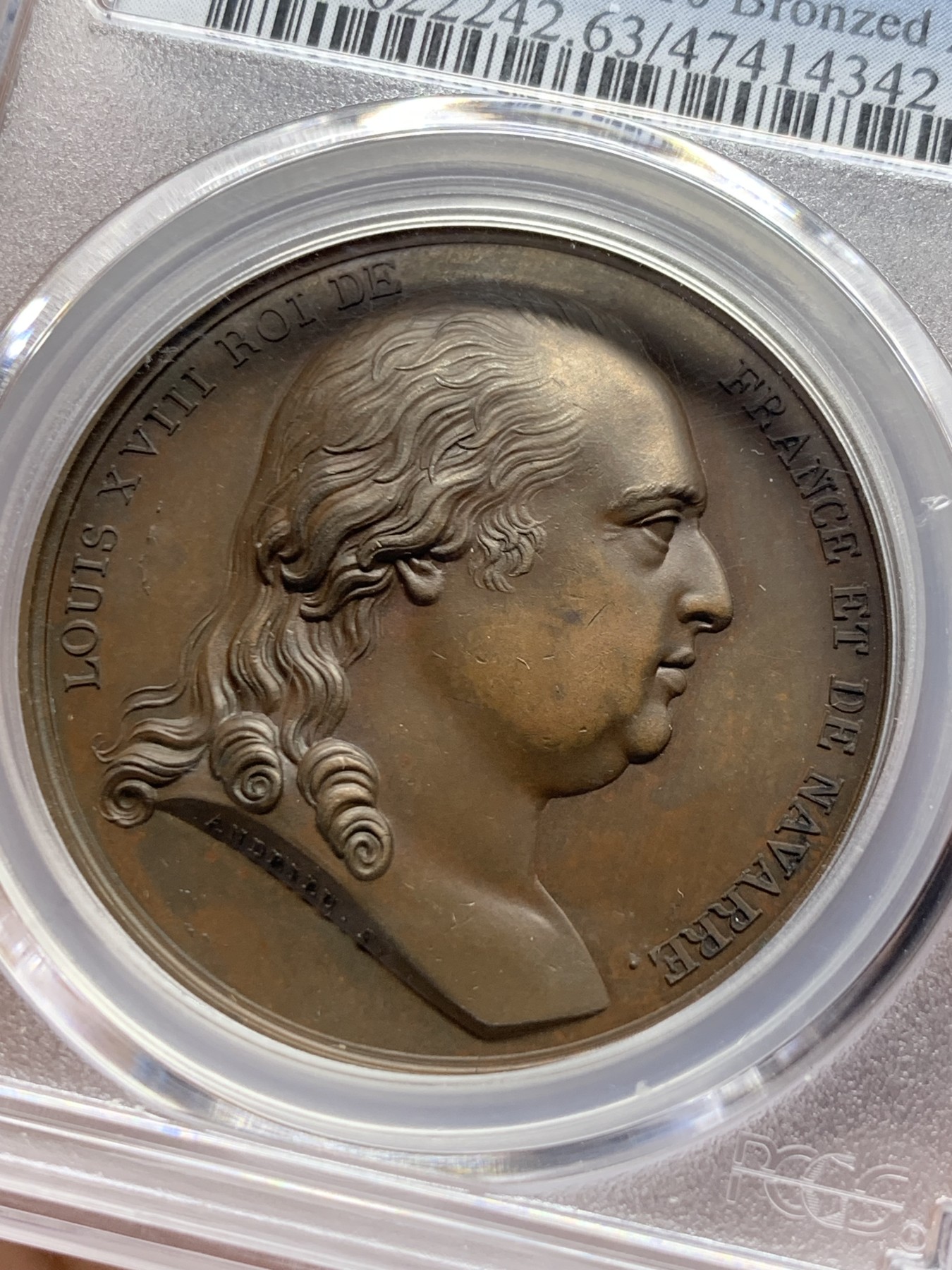 《竞宝斋》第261场-周日，周一，周二 3场连拍 (全场包邮) PCGS SP63 1814法国路易十八重返巴黎复辟铜章，拿破仑战败，老国王路易十八返回巴黎，更高仅2枚64。64分近日麦稀奇拍卖含佣金2225元成交