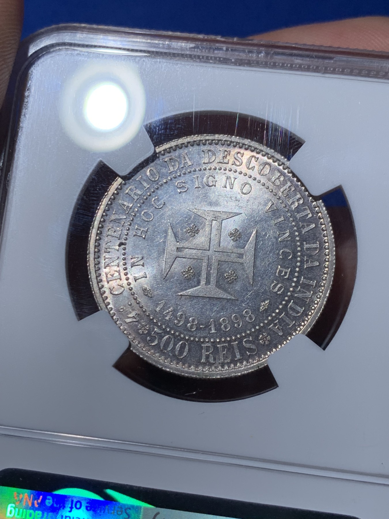 《竞宝斋》第261场-周日，周一，周二 3场连拍 (全场包邮) NGC MS63 葡萄牙 1898年 发现印度400周年 500瑞斯 银币 有点PL的感觉