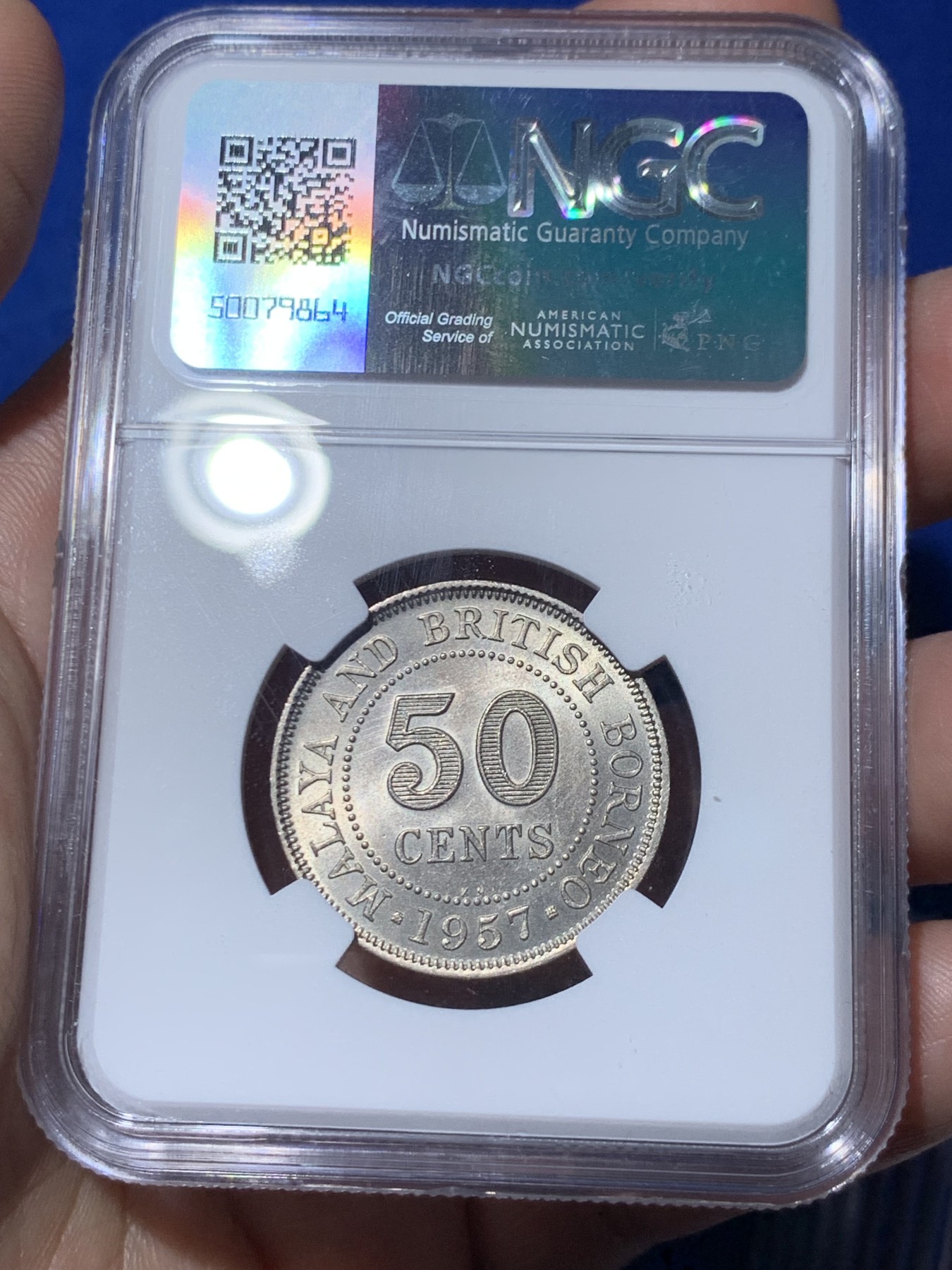 《竞宝斋》第261场-周日，周一，周二 3场连拍 (全场包邮) NGC MS63 1957KN 马来亚 50分 少见年份 书价高 63分55美金