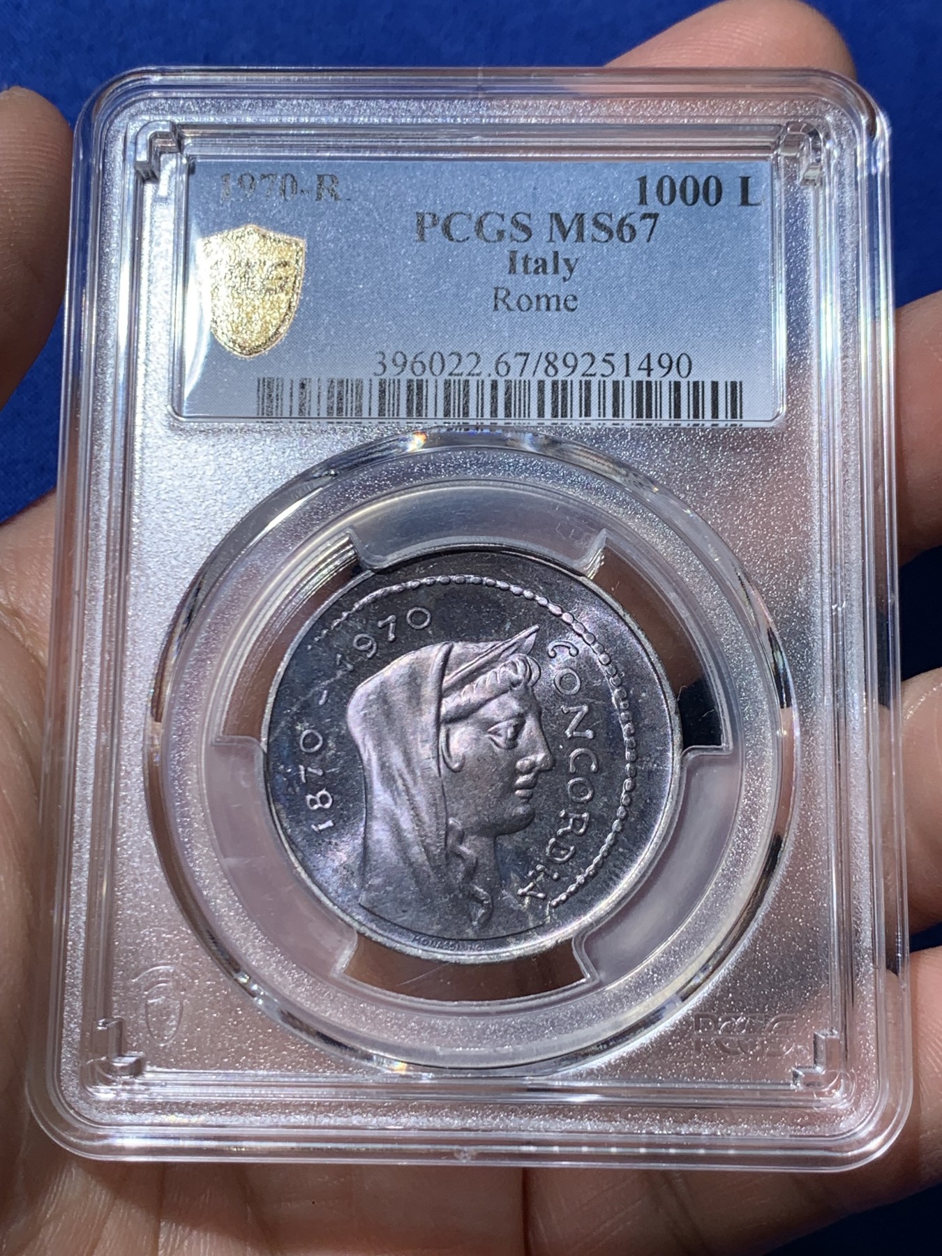 《竞宝斋》第261场-周日，周一，周二 3场连拍 (全场包邮) PCGS MS67 意大利1970年1000里拉银币，亚军分，双面深色紫罗兰包浆，难得一遇的高分包浆币