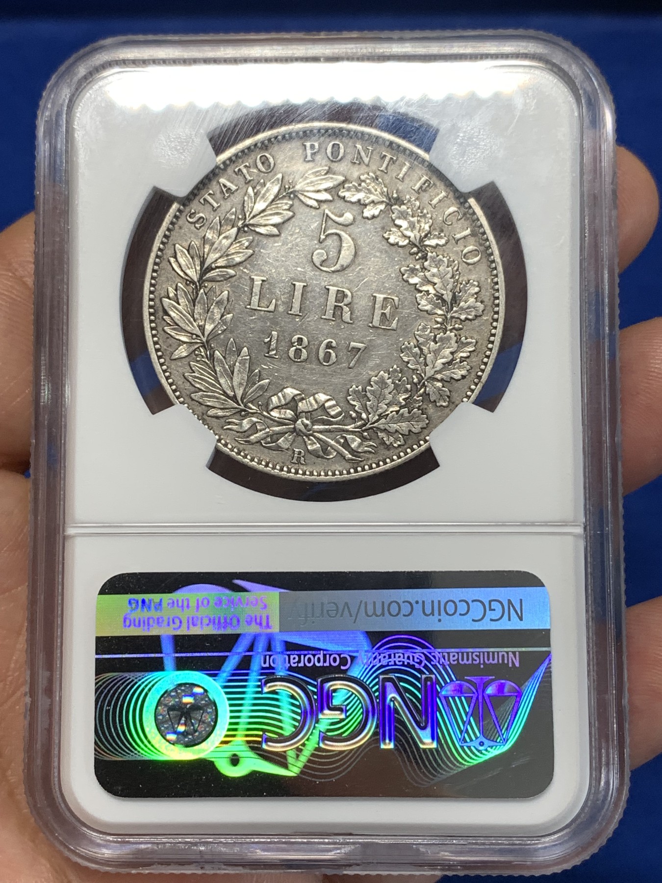 《竞宝斋》第261场-周日，周一，周二 3场连拍 (全场包邮) NGC AUD 1867意大利教皇国5里拉大银币