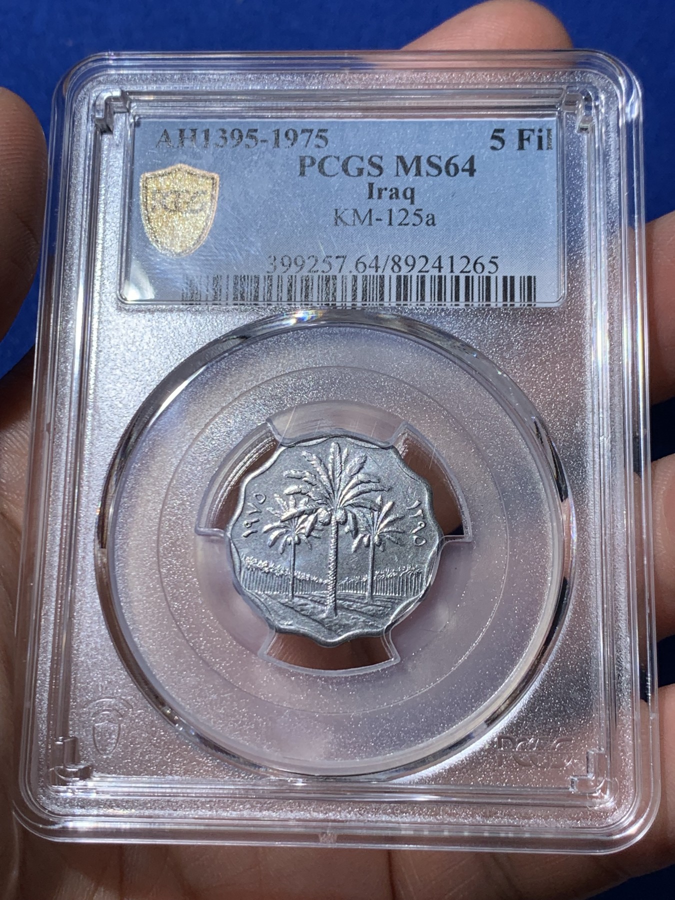 《竞宝斋》第261场-周日，周一，周二 3场连拍 (全场包邮) PCGS金盾 MS64 伊拉克1975年枣椰树5费尔不锈钢币