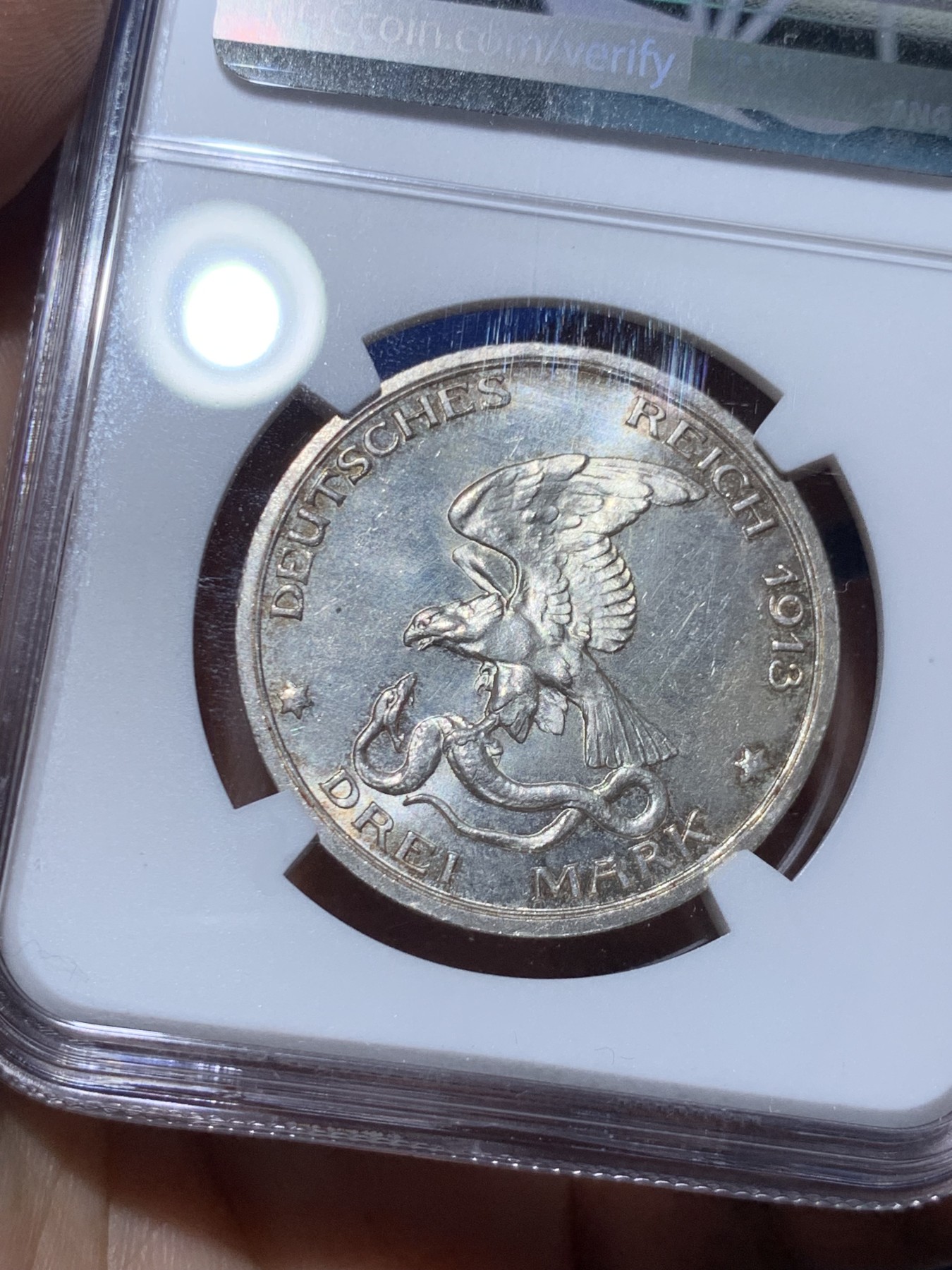 《竞宝斋》第261场-周日，周一，周二 3场连拍 (全场包邮) NGC MS64 德国普鲁士1913年普法战争3马克银币 好品 淡彩包浆 非常漂亮