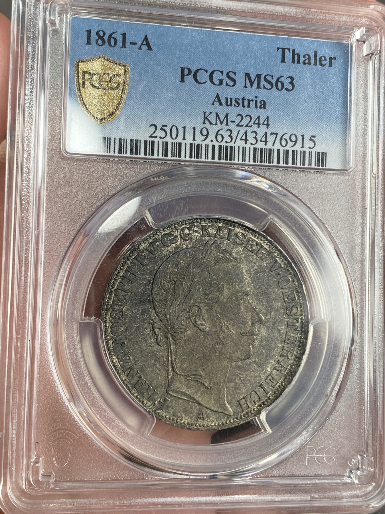 万国钱币拍卖第024期（诸神之战） PCGS MS63 1861年奥地利佛朗茨一世双头鹰流通1泰勒 PC唯一亚军分 更高分仅一枚 重五彩 属德意志联合泰勒范畴 奥地利潜力品种