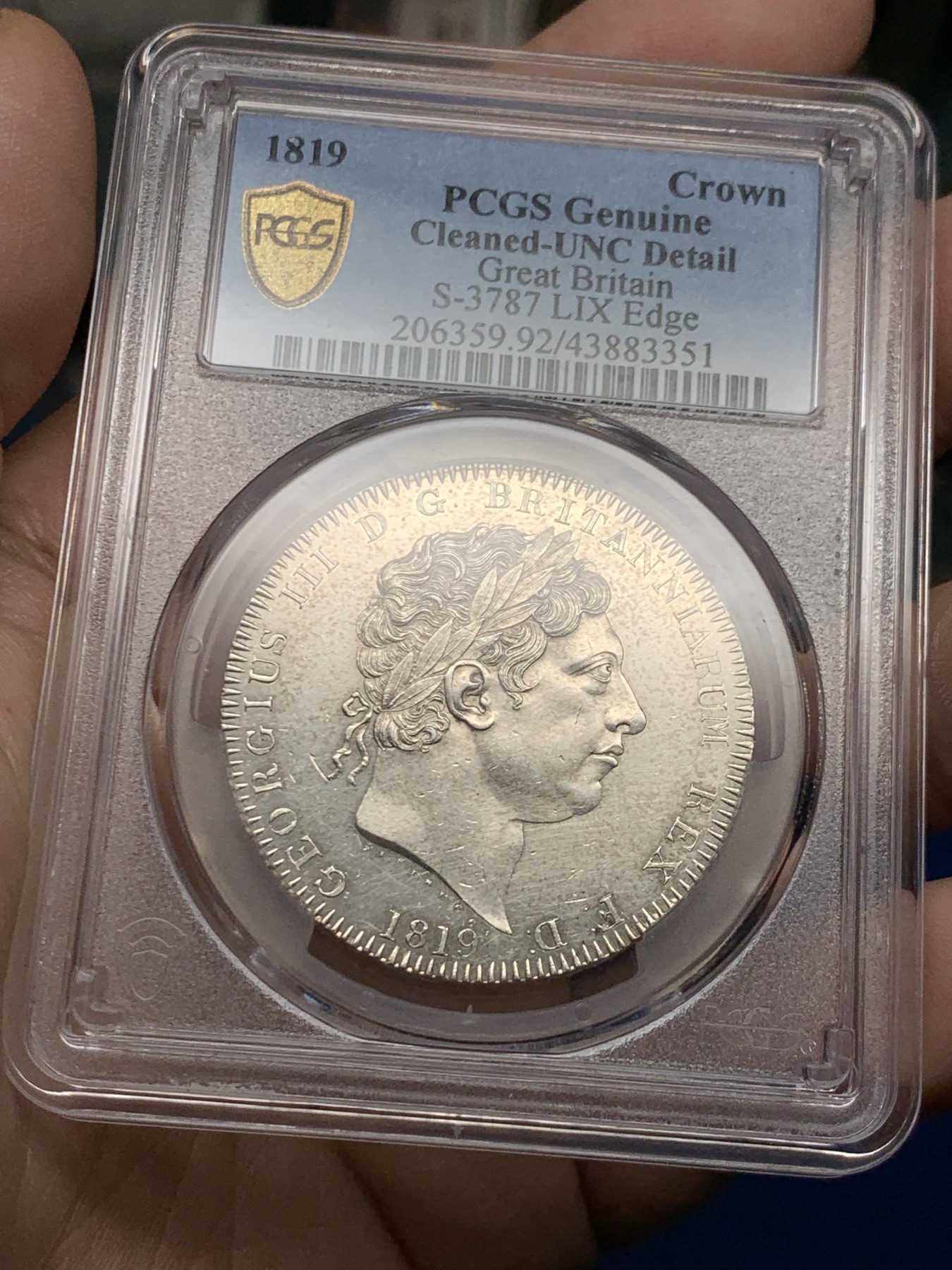 《竞宝斋》第261场-周日，周一，周二 3场连拍 (全场包邮) PCGS UNCD 1819年英国乔治三世马剑 镜面底板，所以划痕格外明显，毕竟UNC，其他细节不差的