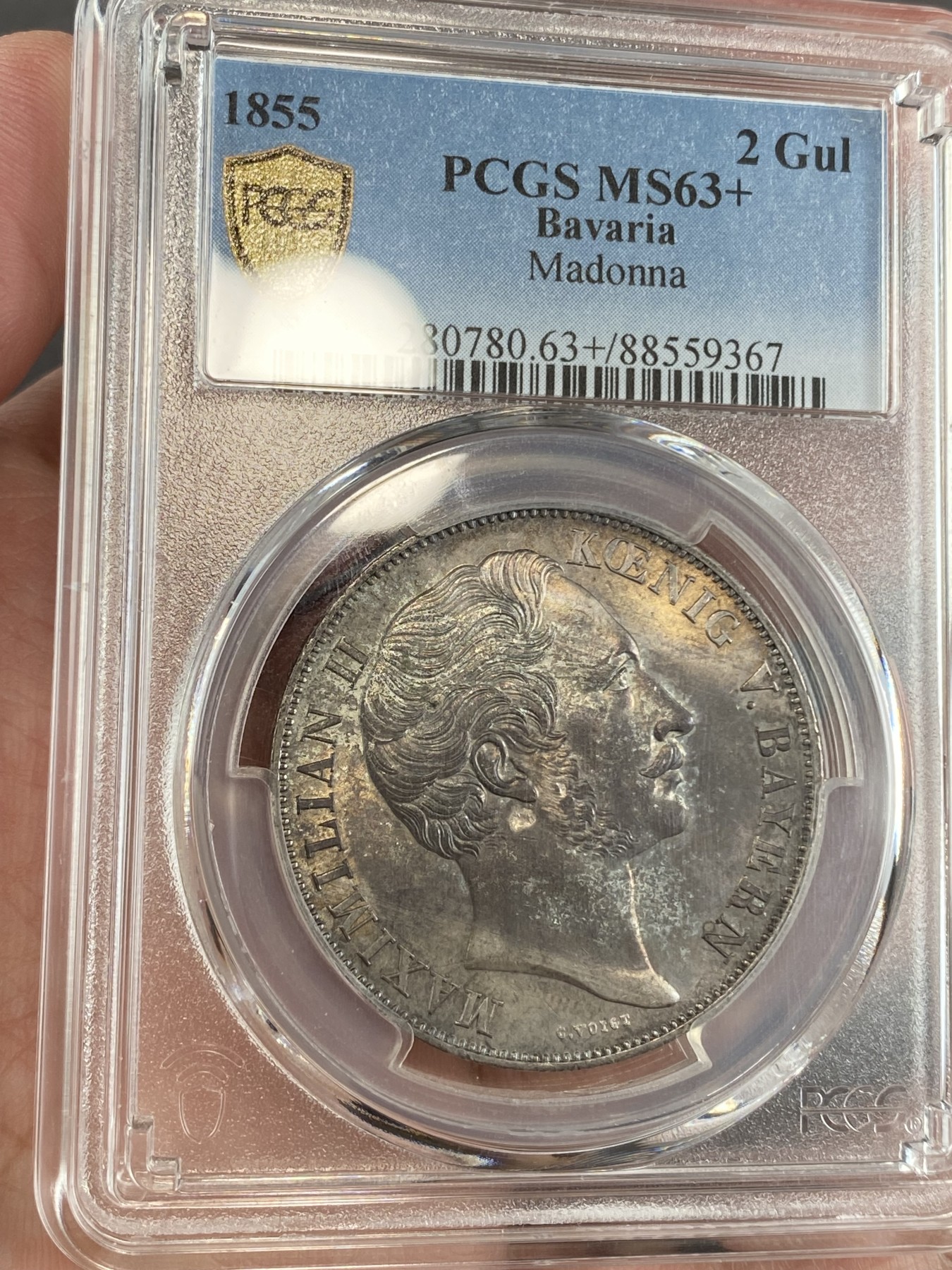 万国钱币拍卖第024期（诸神之战） PCGS MS63+ 1855年德国巴伐利亚马克西米利安二世圣母抱婴2古尔登大银币 经典品种 深金色包浆