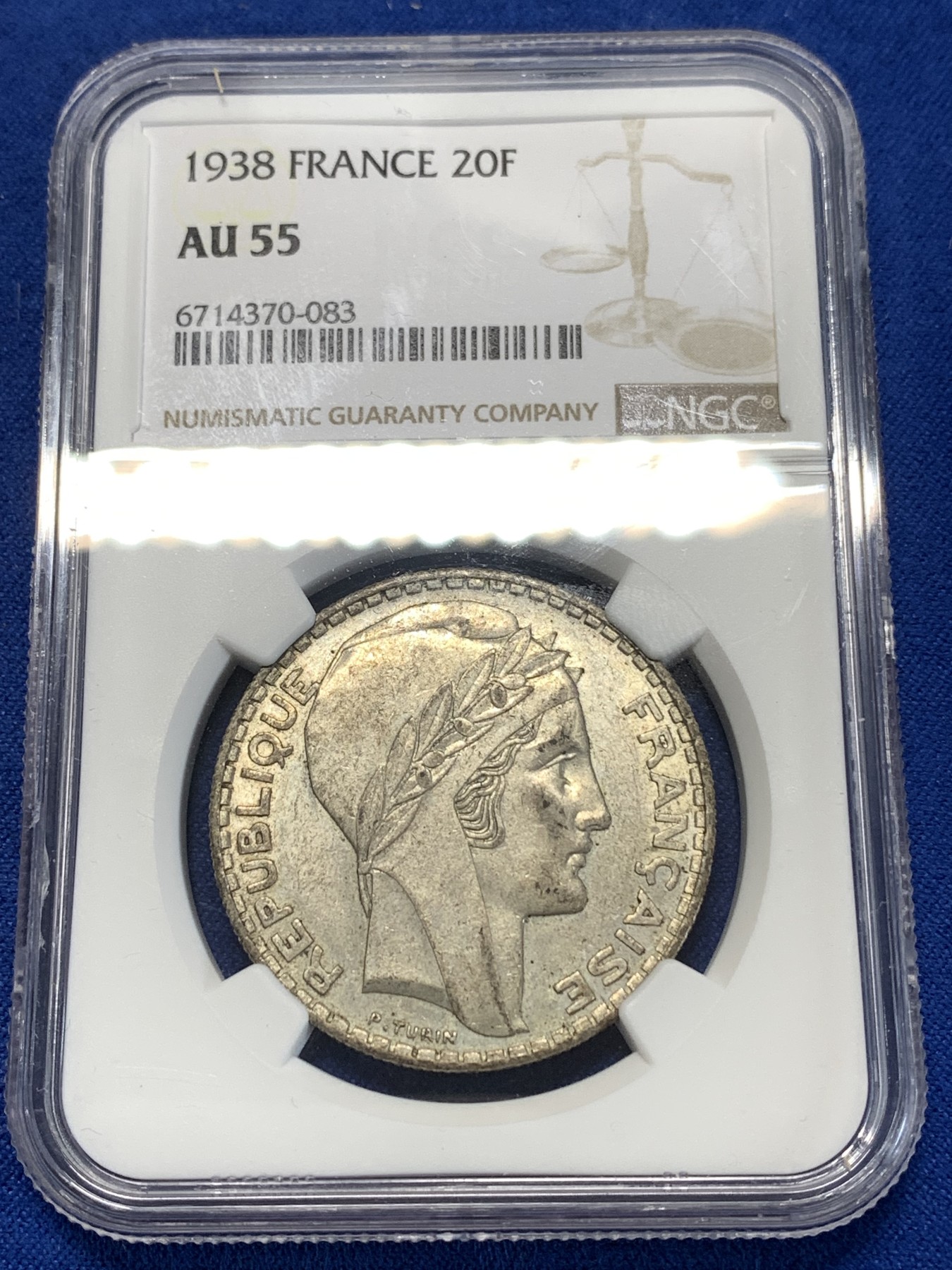 《竞宝斋》第261场-周日，周一，周二 3场连拍 (全场包邮) NGC AU55 法国1938年谷物女神20法郎银币