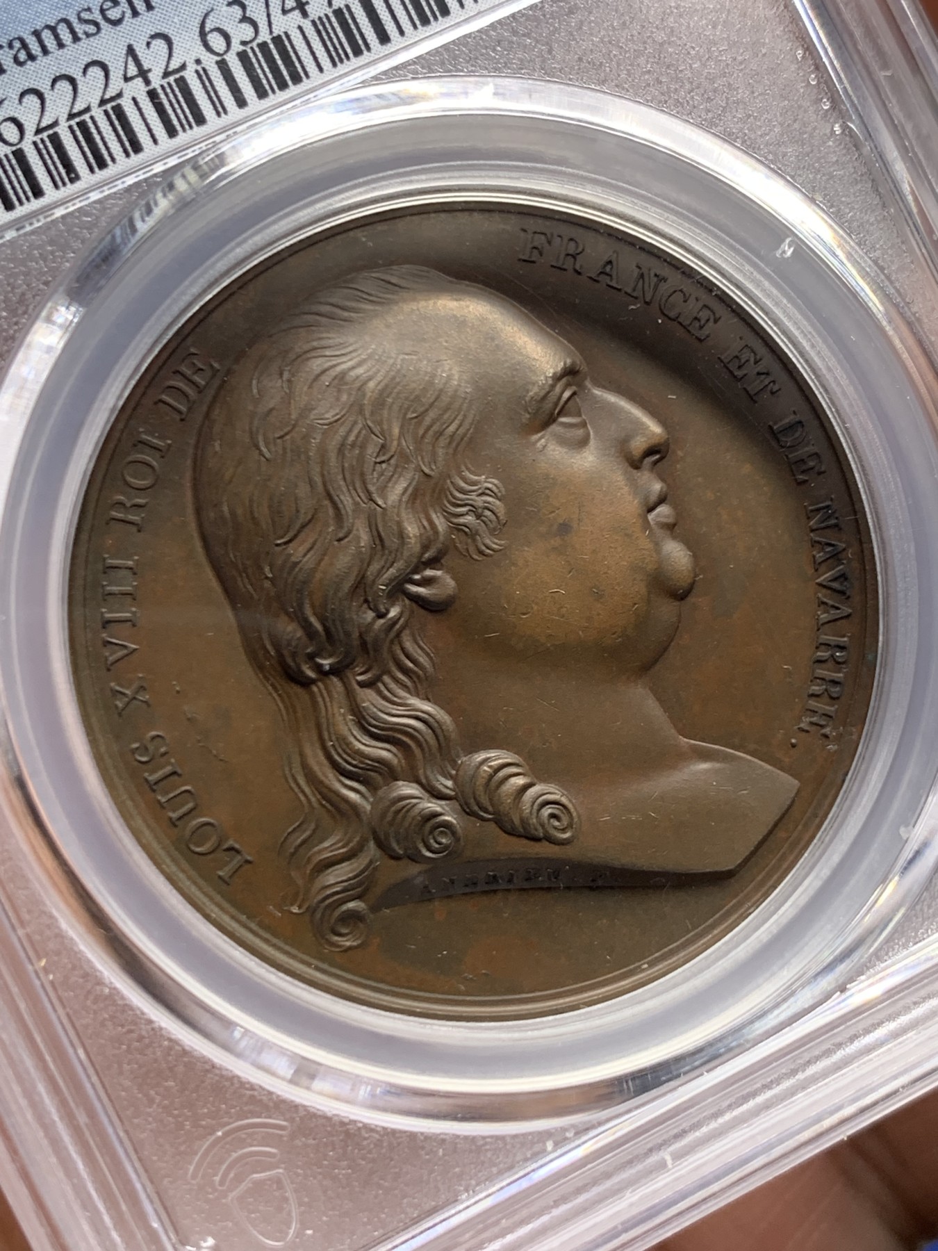 《竞宝斋》第261场-周日，周一，周二 3场连拍 (全场包邮) PCGS SP63 1814法国路易十八重返巴黎复辟铜章，拿破仑战败，老国王路易十八返回巴黎，更高仅2枚64。64分近日麦稀奇拍卖含佣金2225元成交