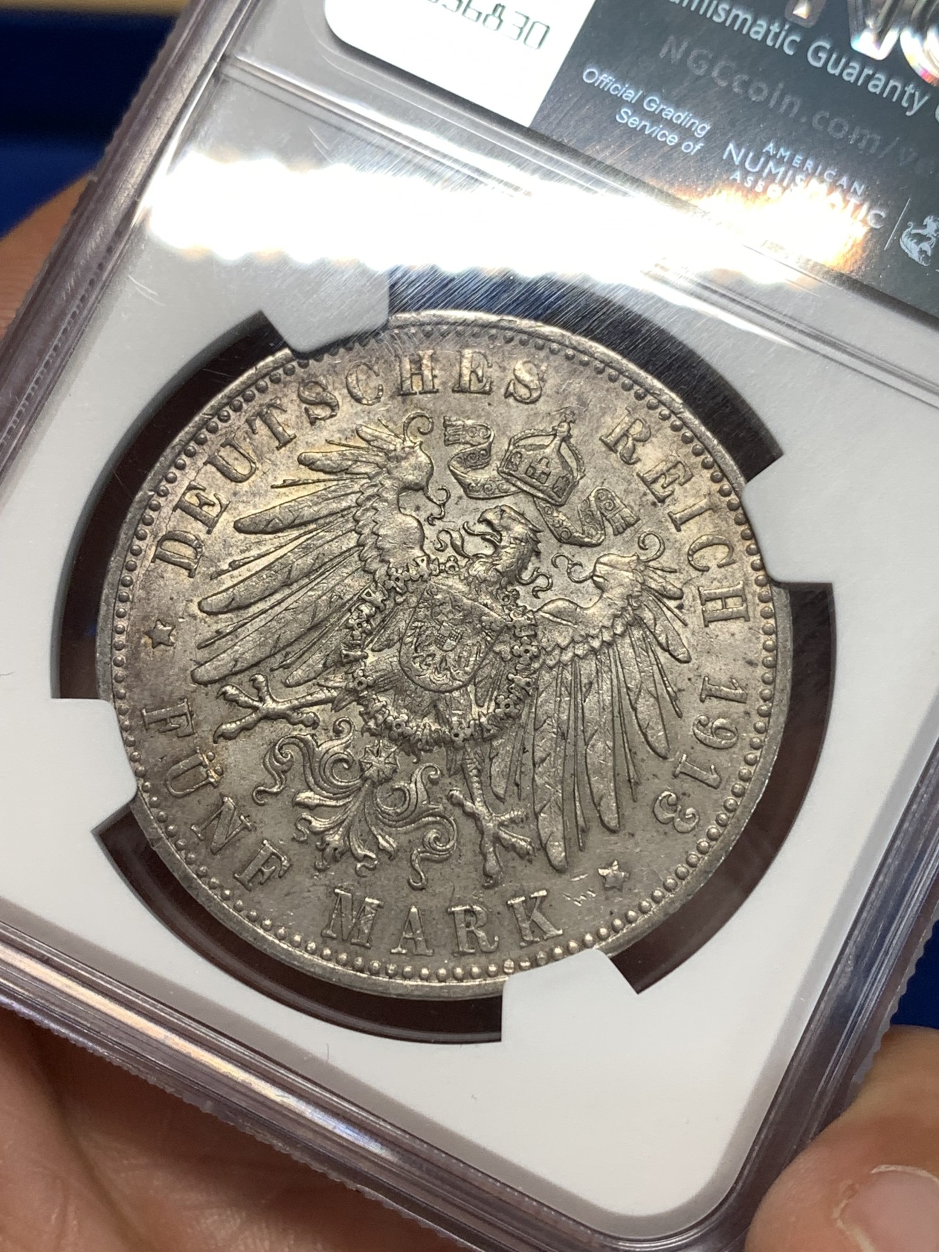 《竞宝斋》第261场-周日，周一，周二 3场连拍 (全场包邮) NGC MS61 德国 1913年 符腾堡 威廉二世 5马克 银币 欧洲老包浆