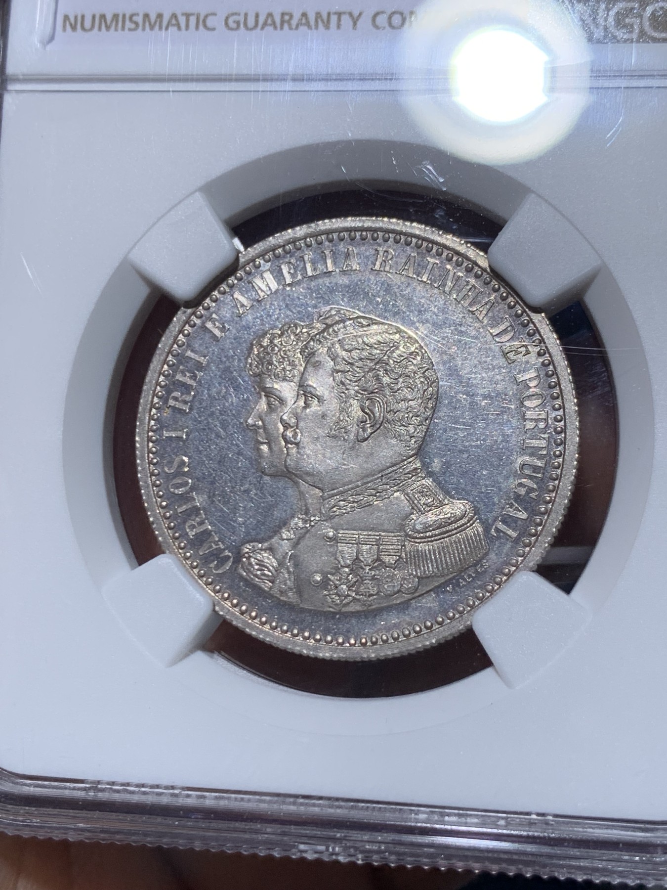 《竞宝斋》第261场-周日，周一，周二 3场连拍 (全场包邮) NGC MS63 葡萄牙 1898年 发现印度400周年 500瑞斯 银币 有点PL的感觉