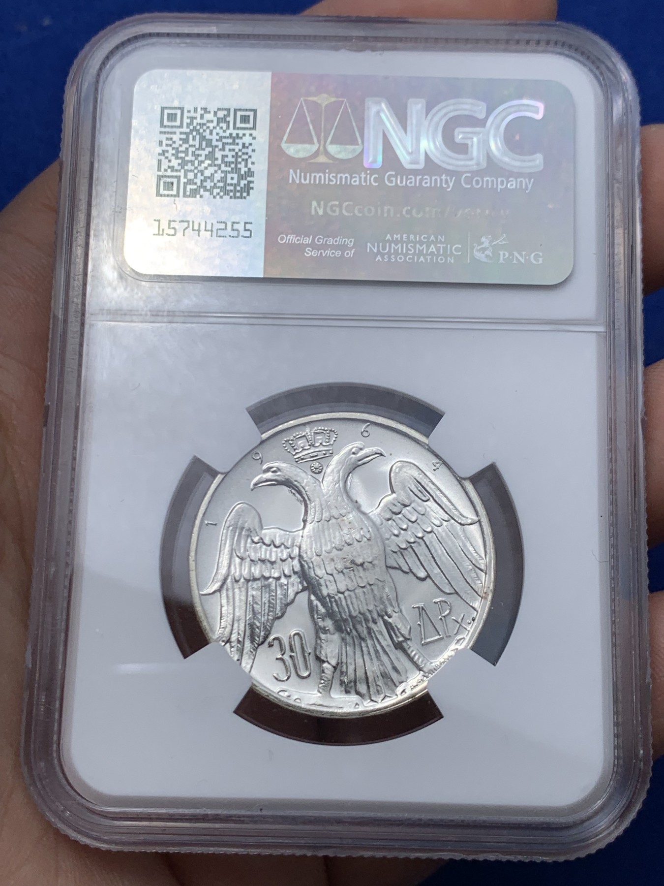 《竞宝斋》第261场-周日，周一，周二 3场连拍 (全场包邮) NGC UNCD 希腊1964年康斯坦丁二世皇室婚礼30德拉克马银币