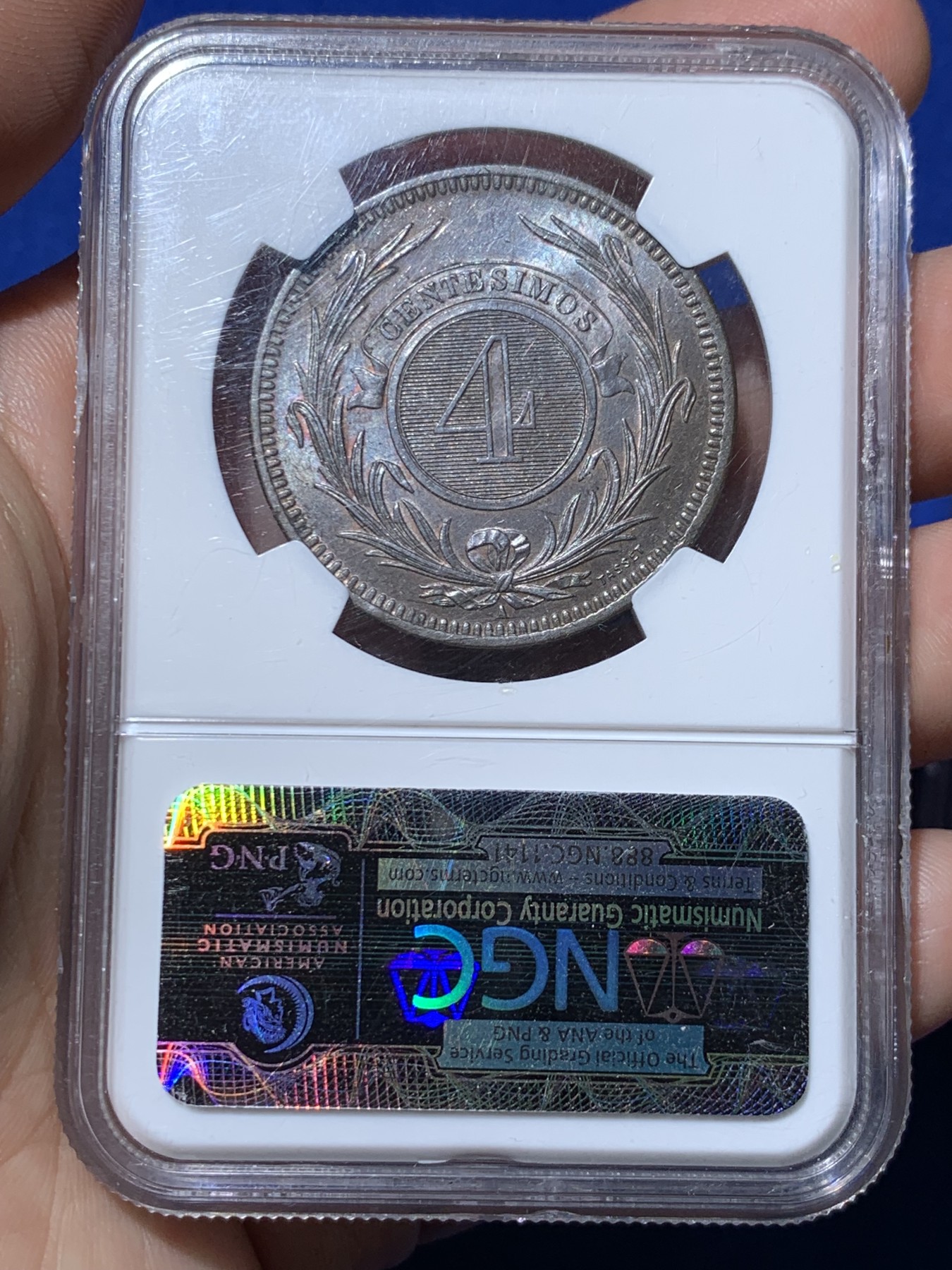 《竞宝斋》第261场-周日，周一，周二 3场连拍 (全场包邮) NGC MS63BN 1869年乌拉圭4分太阳脸大铜币  非常稀少的A版巴黎铸币厂 比H版稀少 漂亮的巧克力色