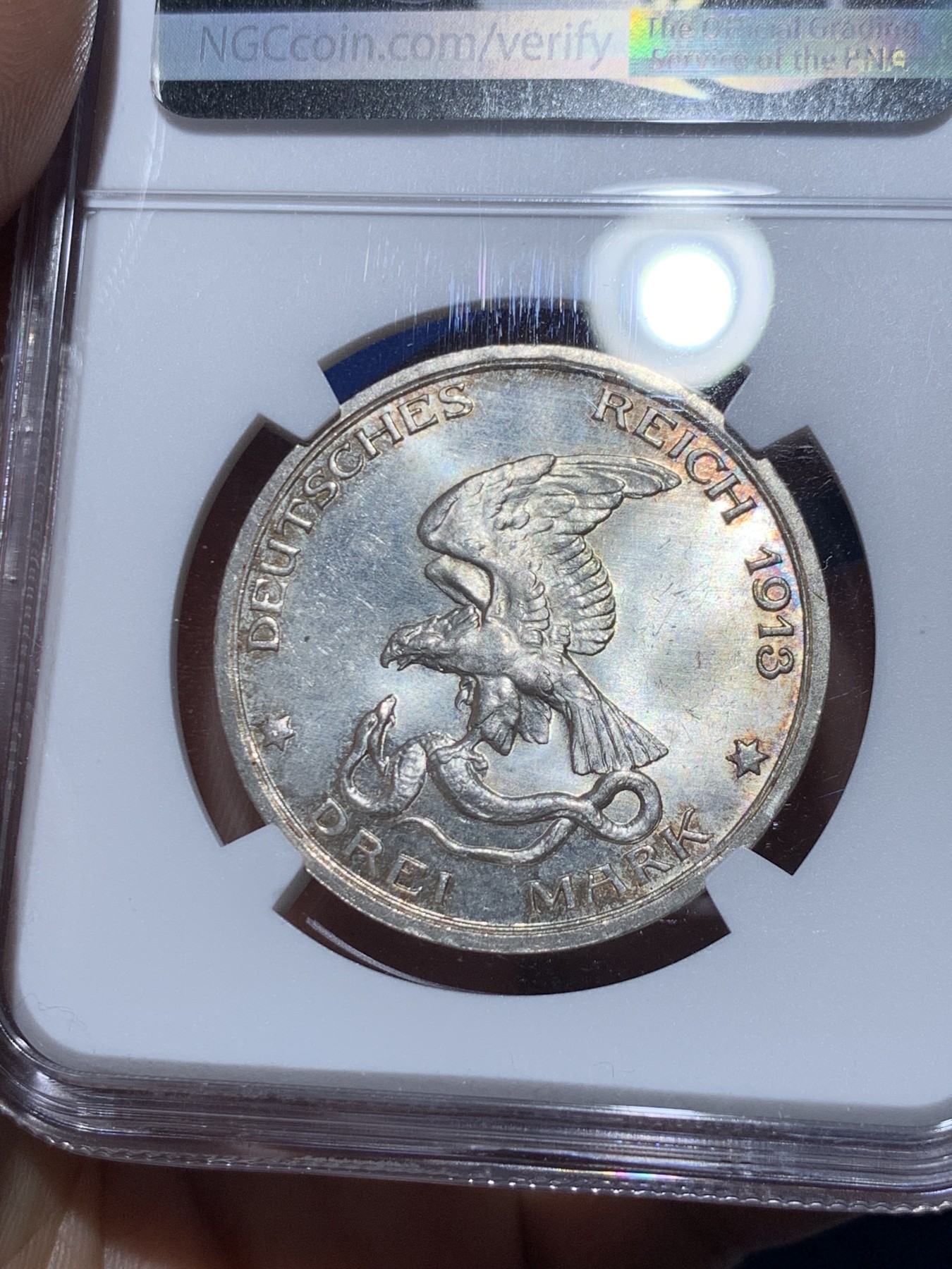 《竞宝斋》第261场-周日，周一，周二 3场连拍 (全场包邮) NGC MS64 德国普鲁士1913年普法战争3马克银币 好品 淡彩包浆 非常漂亮