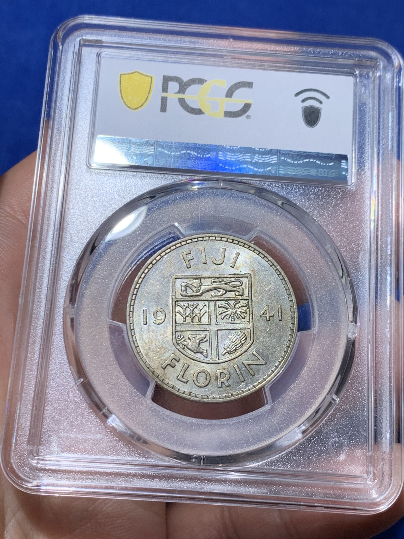 《竞宝斋》第261场-周日，周一，周二 3场连拍 (全场包邮) PCGS AU58 英属斐济 1941 乔六 1福林银币 特年 发行量仅2万枚