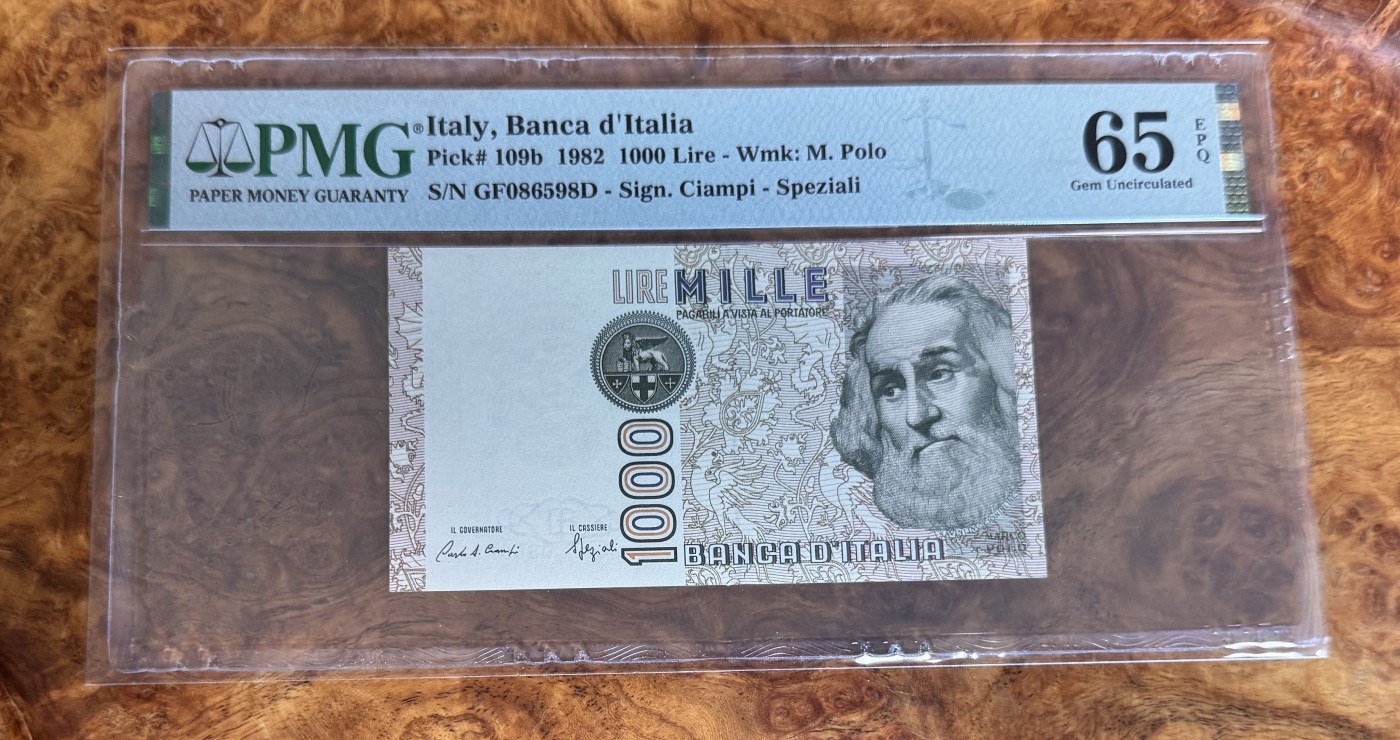 Chase Auction 第28期 - - 外钞、民国钞和人民币混合场！ 1982年意大利1000里拉，PMG65！
