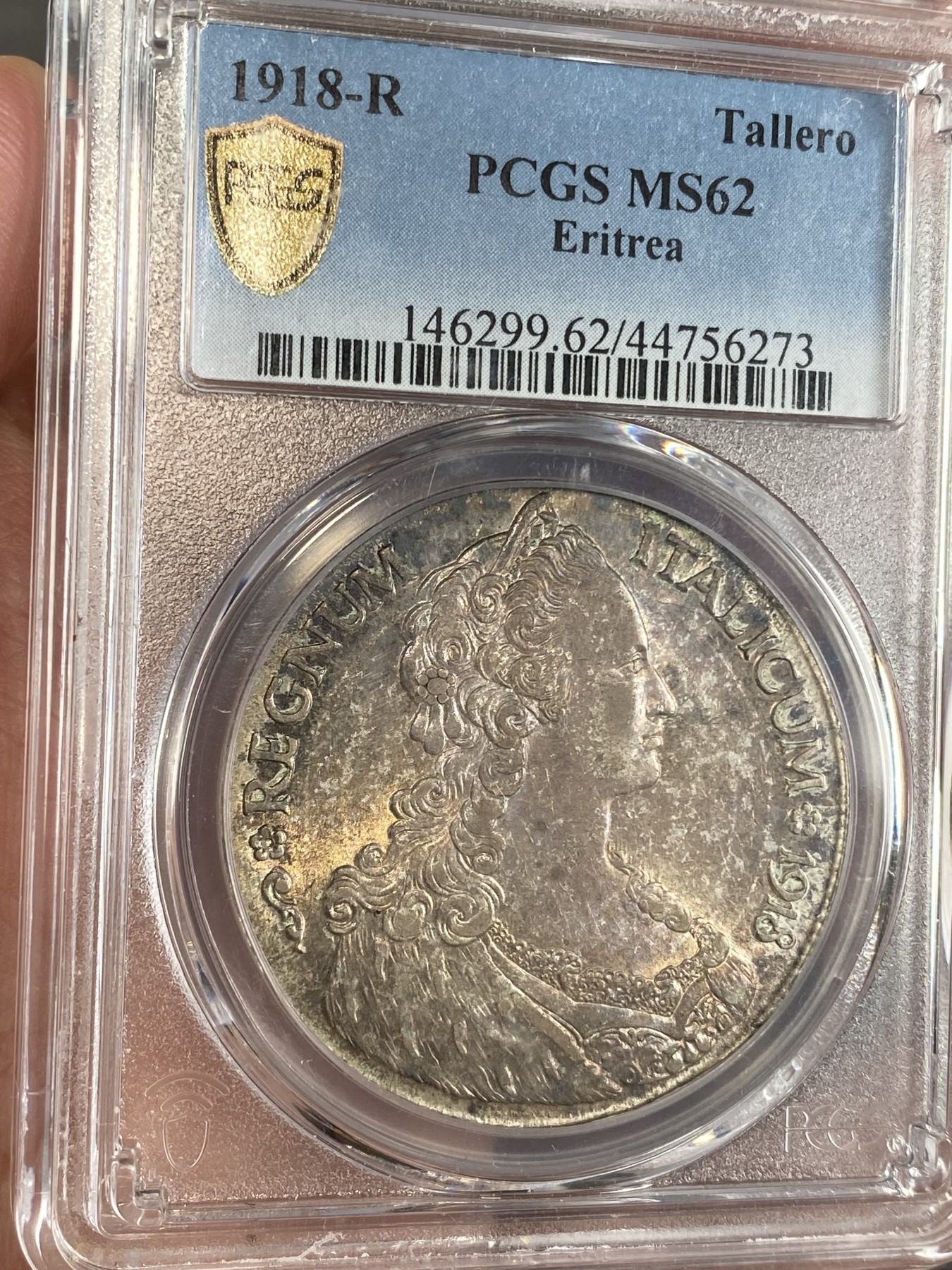万国钱币拍卖第024期（诸神之战） PCGS MS62 1918年意属厄立特里亚1泰勒 意大利名誉品种 金彩环绕 实物状态非常炸裂 15年HA同分成交价2100美金