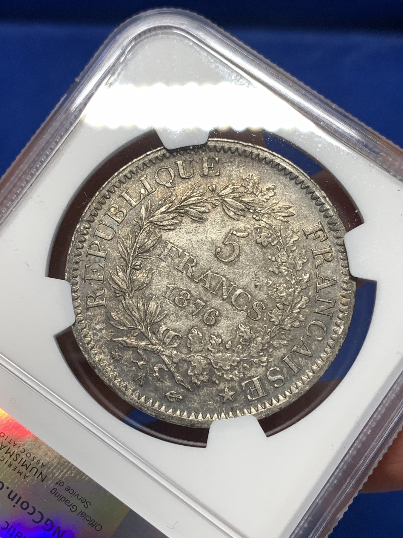 《竞宝斋》第261场-周日，周一，周二 3场连拍 (全场包邮) NGC AU53 法国1876年大力神5法郎银币