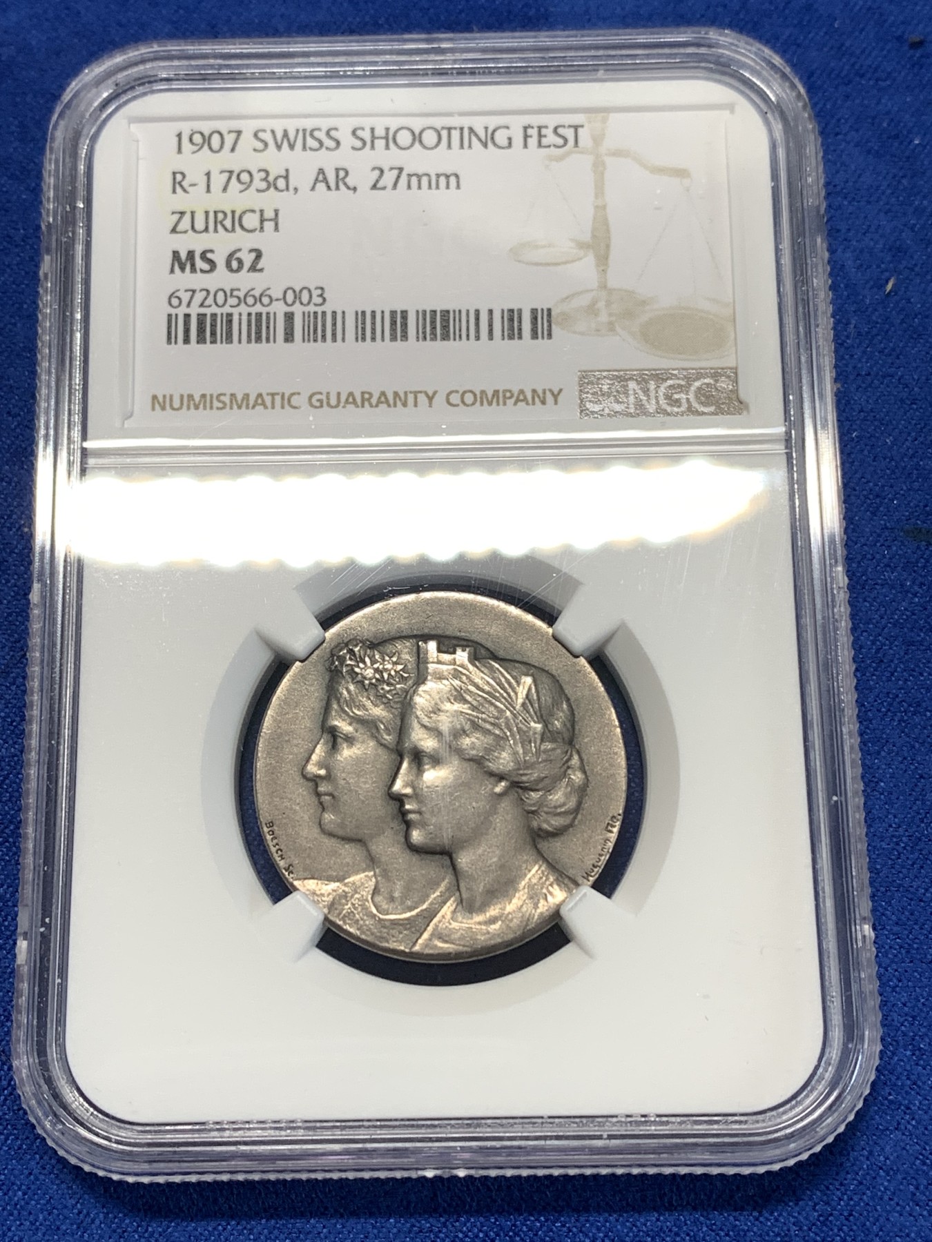 《竞宝斋》第261场-周日，周一，周二 3场连拍 (全场包邮) NGC MS62 瑞士1907年射击节银章 苏黎世射击节 正面为古典阿尔卑斯少女头像 很精致