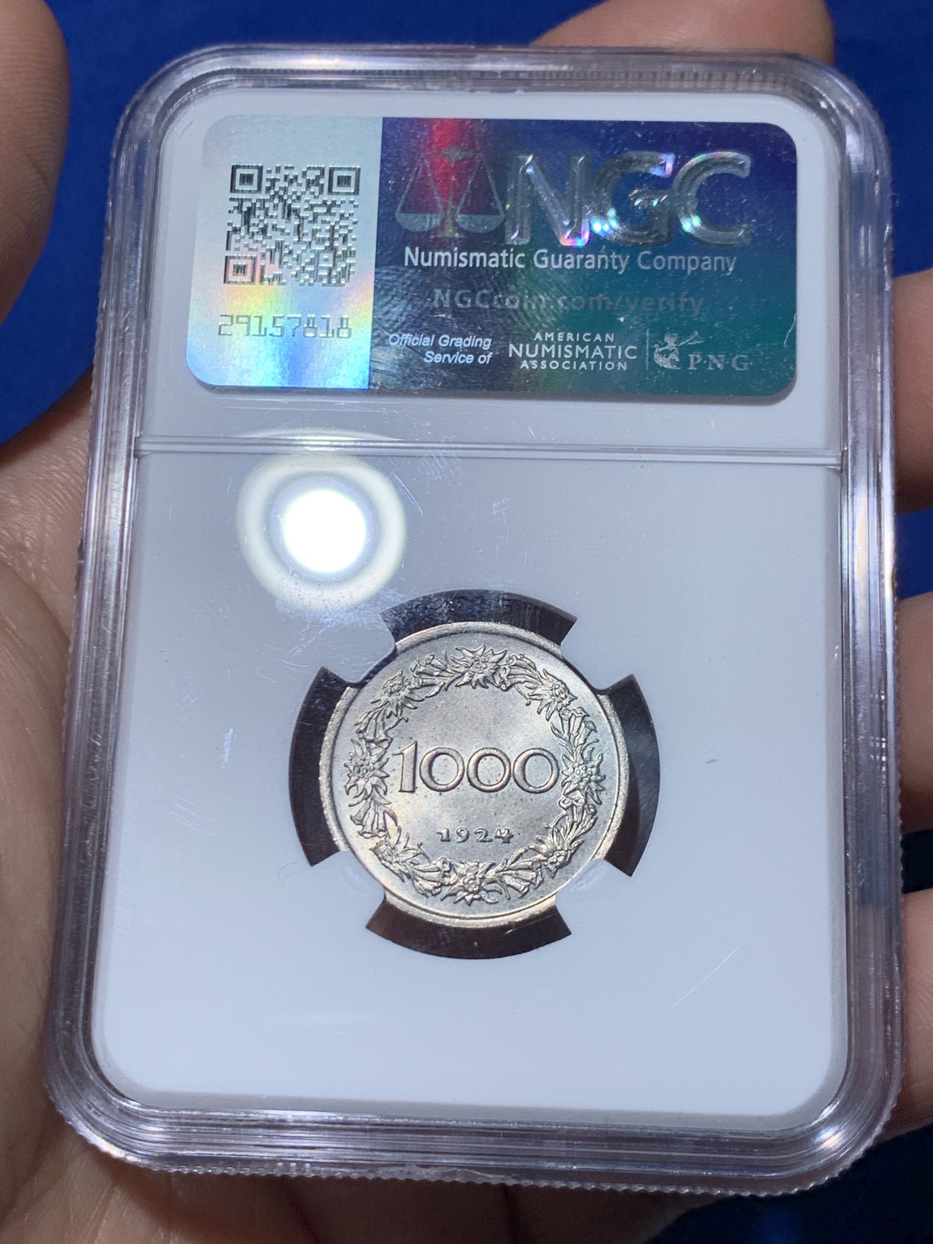 《竞宝斋》第261场-周日，周一，周二 3场连拍 (全场包邮) NGC MS64 奥地利1924年蒂罗尔高山美女1000K镍币 冠军分