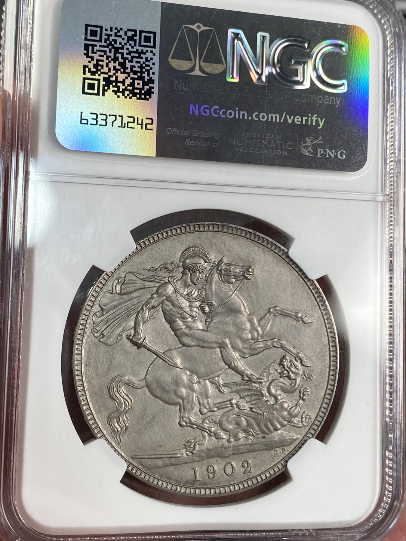 万国钱币拍卖第024期（诸神之战） NGC PF63 1902年英国爱德华七世精致马剑屠龙1克朗大银币 MATTE精致工艺 英系包浆