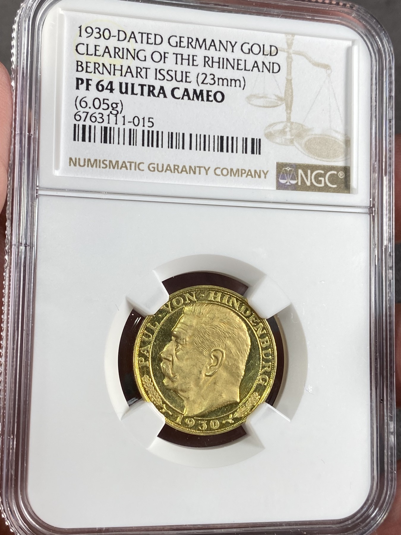 万国钱币拍卖第024期（诸神之战） NGC PF64UC 1930年德国魏玛共和国兴登堡总统纪念莱茵兰非军事区提前回归金章 精致喷砂顶级品相 6.05G