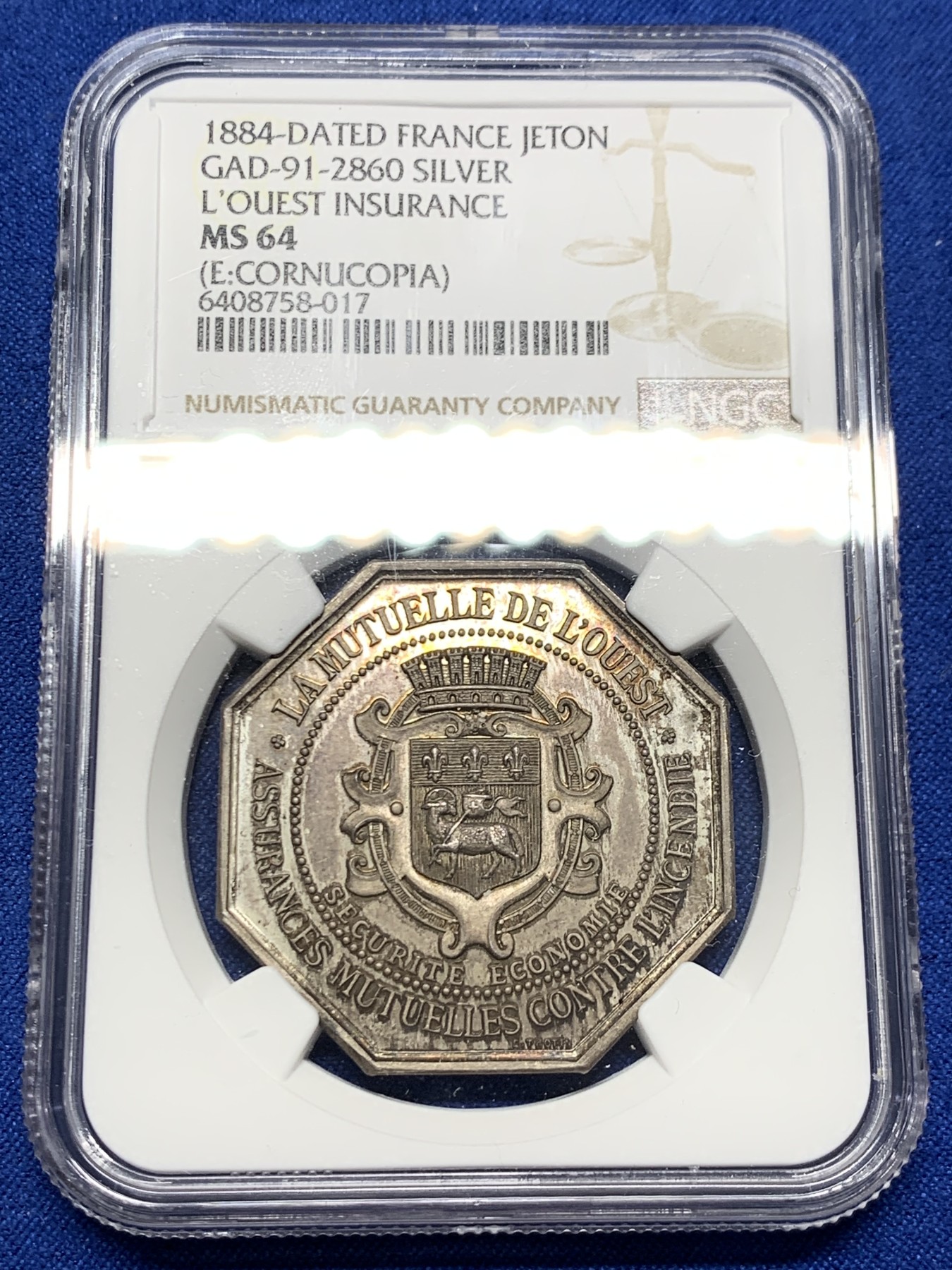 《竞宝斋》第262场-周日，周一，周二 3场连拍 (全场包邮) NGC MS64 法国鲁昂火灾保险公司八角银质jeton