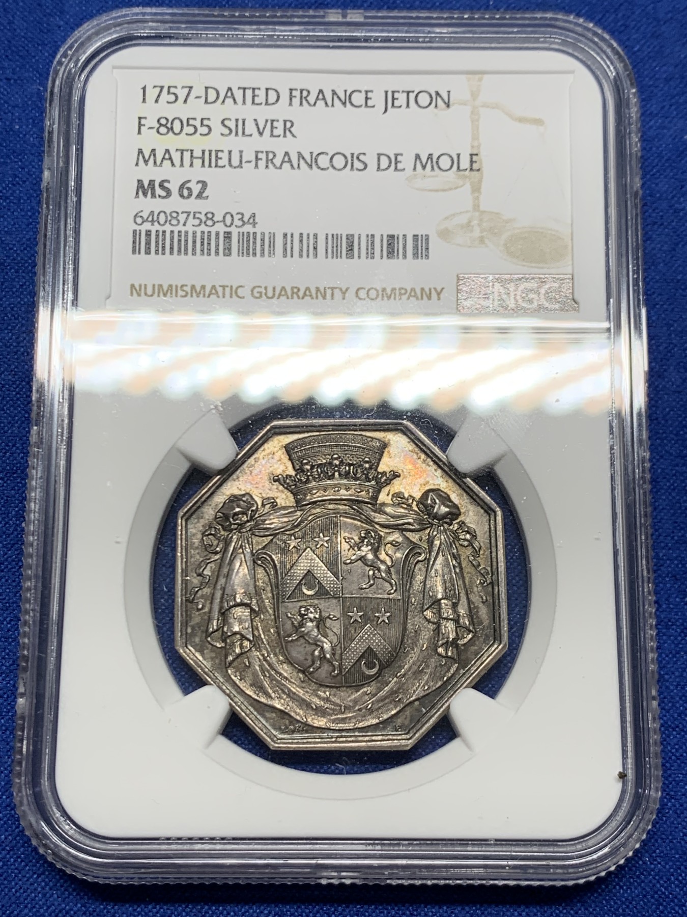 《竞宝斋》第262场-周日，周一，周二 3场连拍 (全场包邮) NGC MS62 法国1757年带有巴黎议会长Mathieu-François纹章的八角银质jeton，早期无边铭，首见品种