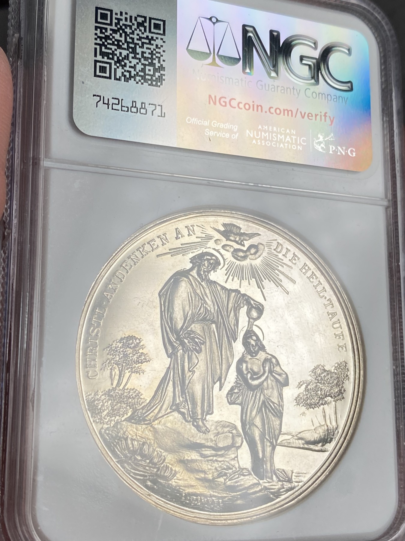 万国钱币拍卖第024期（诸神之战） NGC MS63 20世纪初奥地利洗礼纪念大银章 完美镜面 受洗婴儿与耶稣在约旦河受洗场景