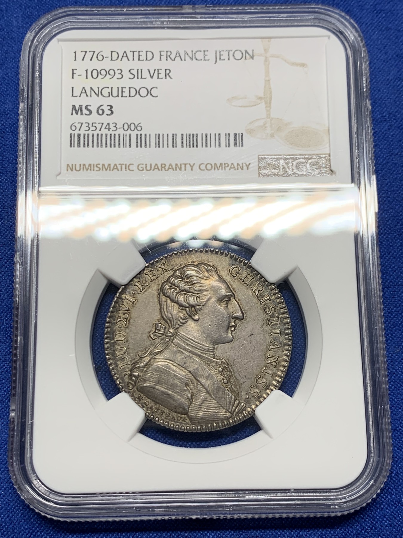 《竞宝斋》第262场-周日，周一，周二 3场连拍 (全场包邮) NGC MS63 法国 1776 路易十六 圆形银质代币