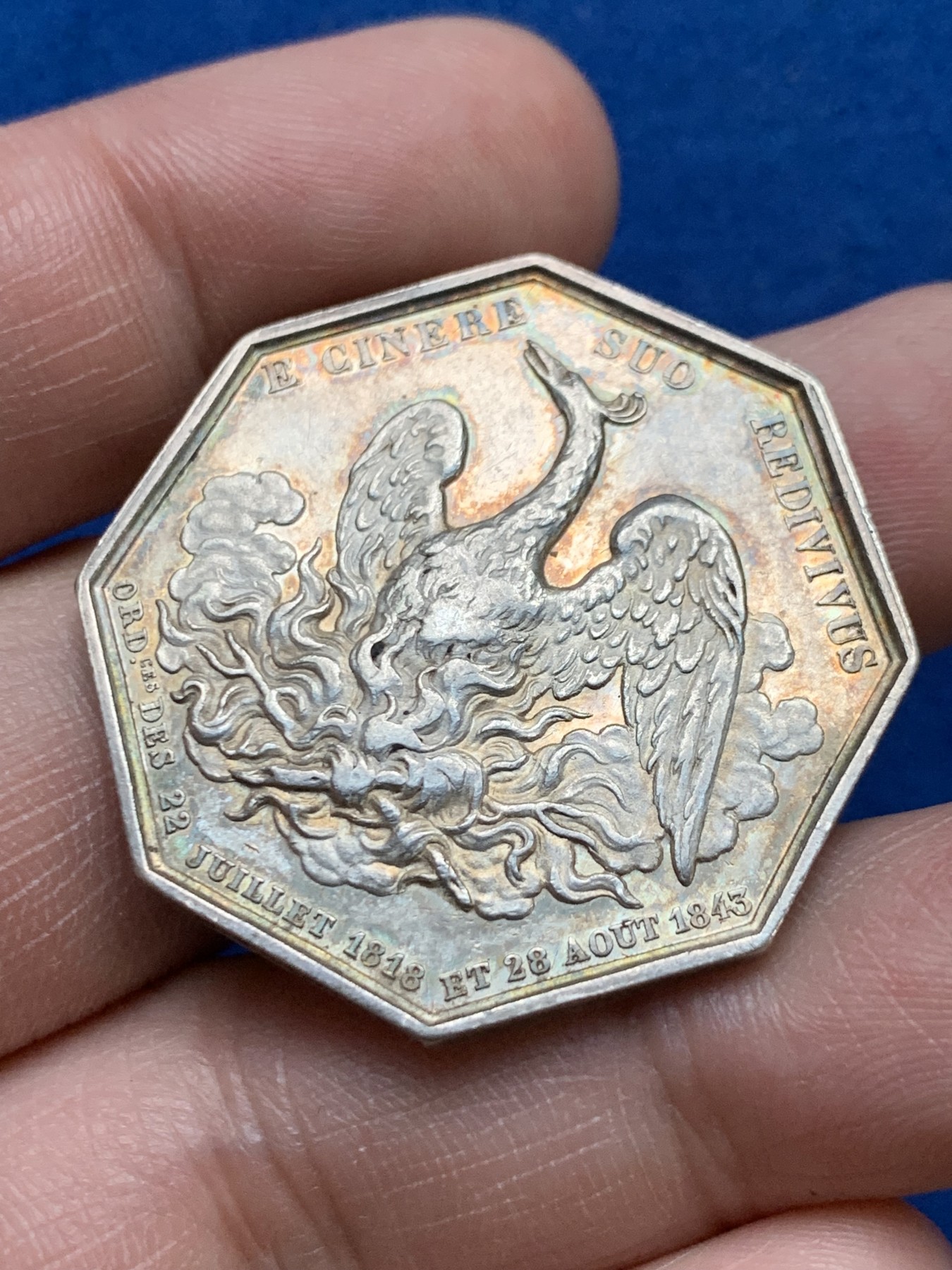 《竞宝斋》第262场-周日，周一，周二 3场连拍 (全场包邮) 法国塞纳河火灾保险公司凤凰八角银质代币，16.75克，34.5mm，船首边铭银标