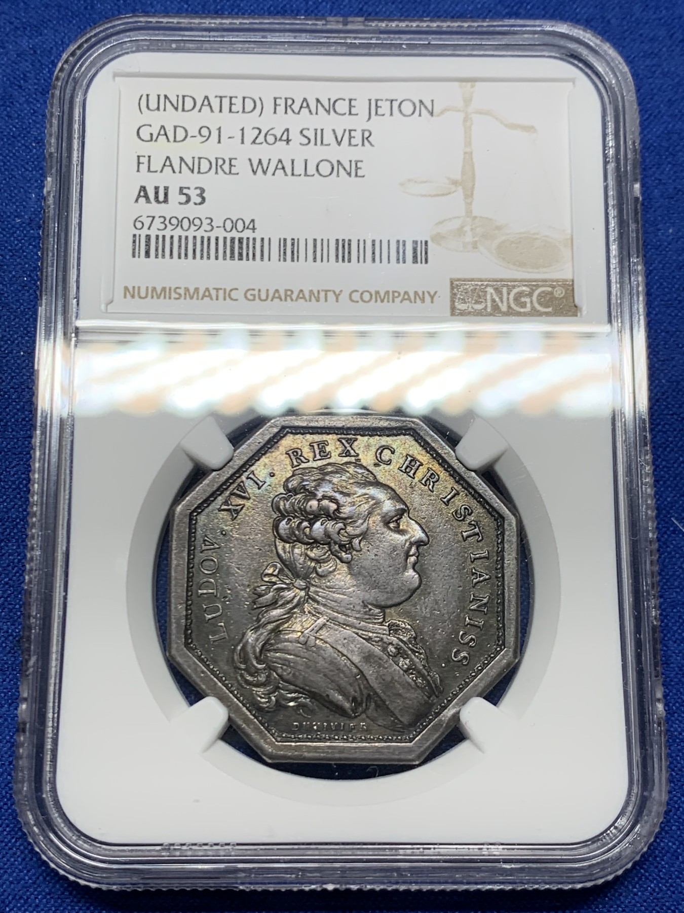 《竞宝斋》第262场-周日，周一，周二 3场连拍 (全场包邮) NGC AU53 法国路易十六头像八角银质代币