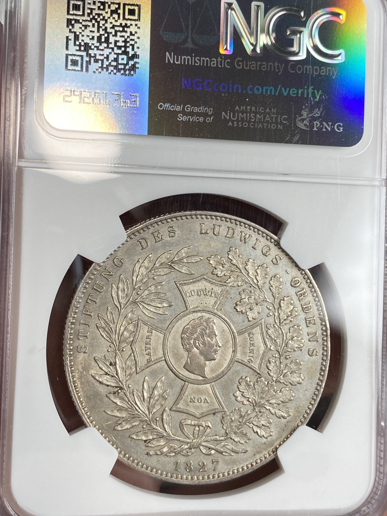 万国钱币拍卖第024期（诸神之战） NGC AU58 1827年德国巴伐利亚路德维希一世勋章1泰勒大泰勒 相较同年的圣米歇尔勋章和特蕾西娅勋章泰勒好品要相对少很多