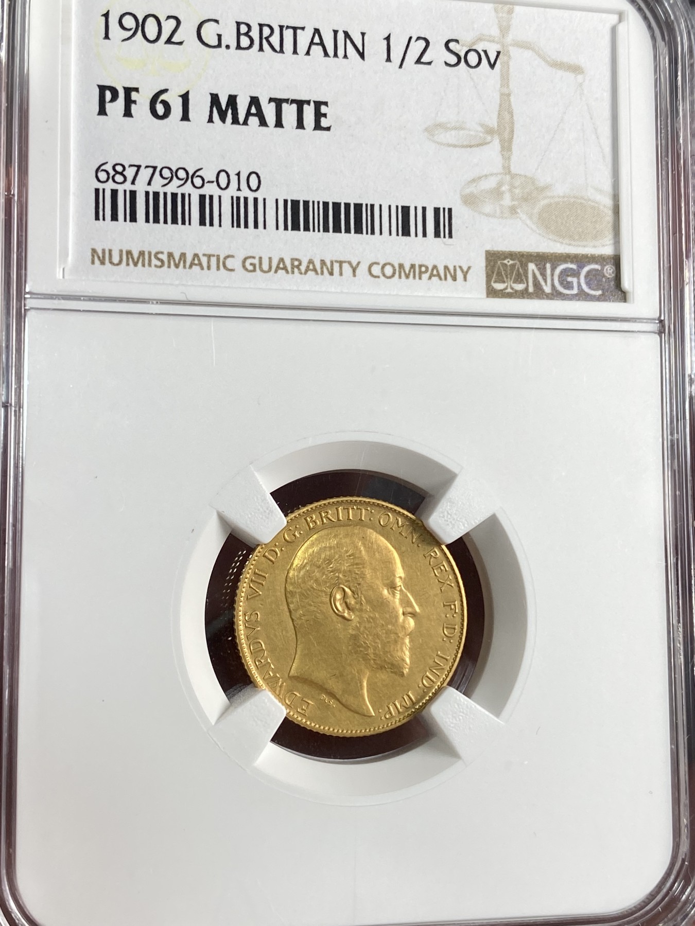 万国钱币拍卖第024期（诸神之战） NGC PF61 1902英国爱德华七世精制半索维林金币 发行量仅15000枚，3.99g，917金。
