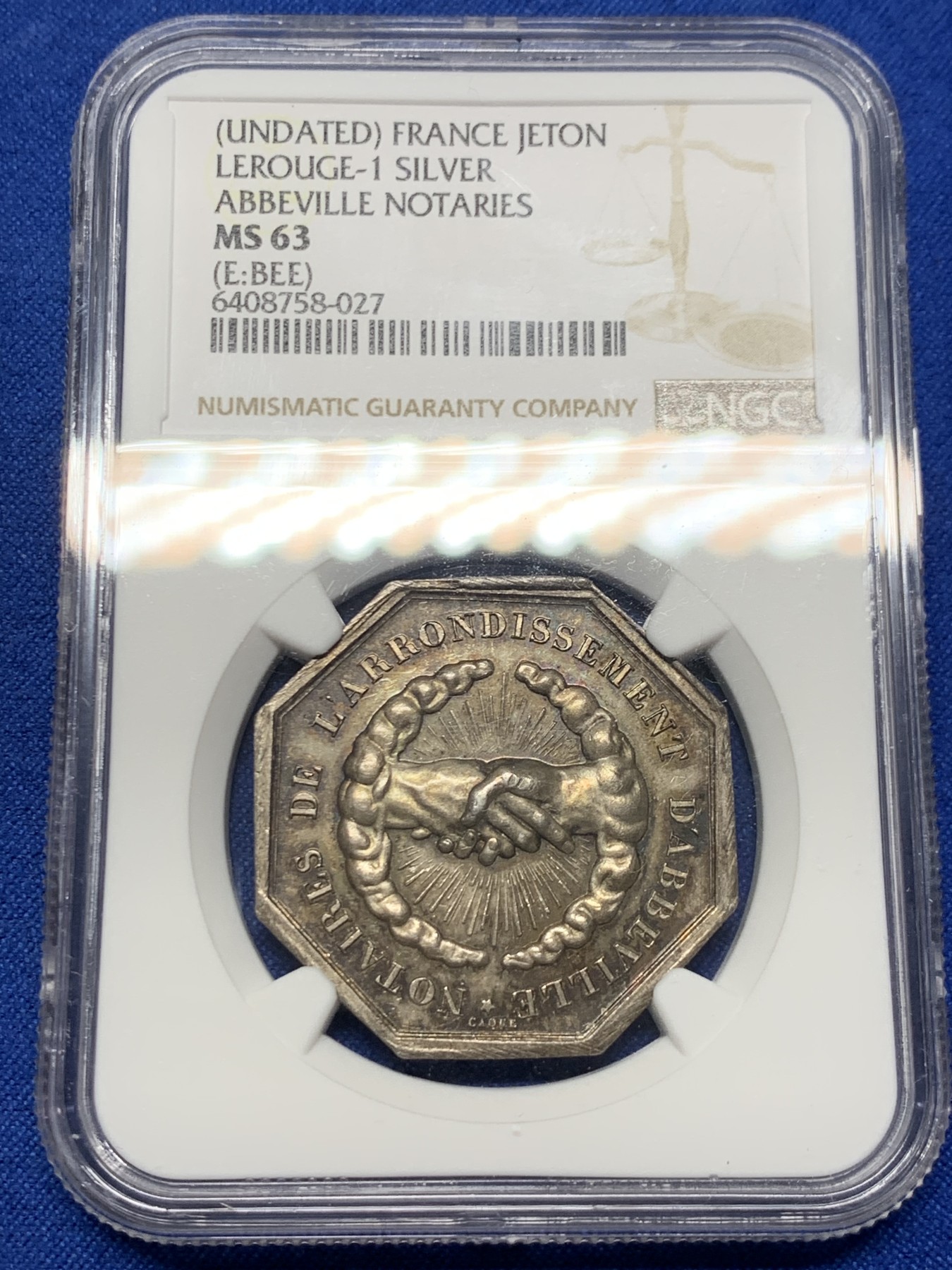 《竞宝斋》第262场-周日，周一，周二 3场连拍 (全场包邮) NGC MS63 法国阿比维尔公证人八角银质jeton
