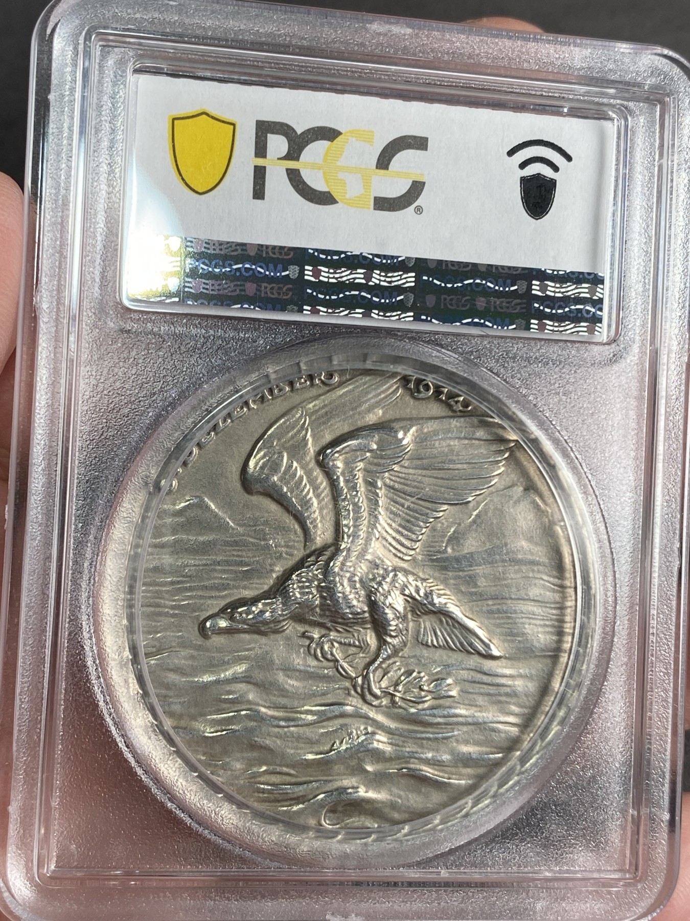 万国钱币拍卖第024期（诸神之战） PCGS SP61 1914年德国海军上将马克西米利安·冯·斯佩伯爵及其儿子海因里希和奥托在福克兰群岛战役中殉国纪念大银章 卡尔哥茨经典设计之一 45MM 35G 帝国雄鹰的陨落 