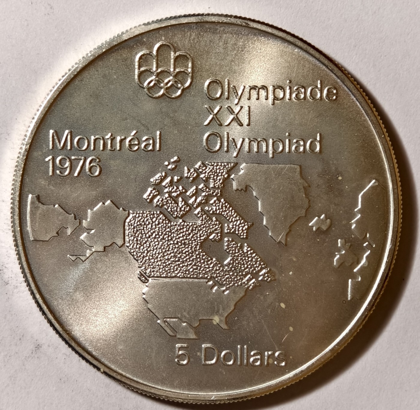 紫瑗钱币——第342期拍卖 加拿大 1973年 蒙特利尔奥运会 北美地图 5元 24.3克 0.925银 UNC