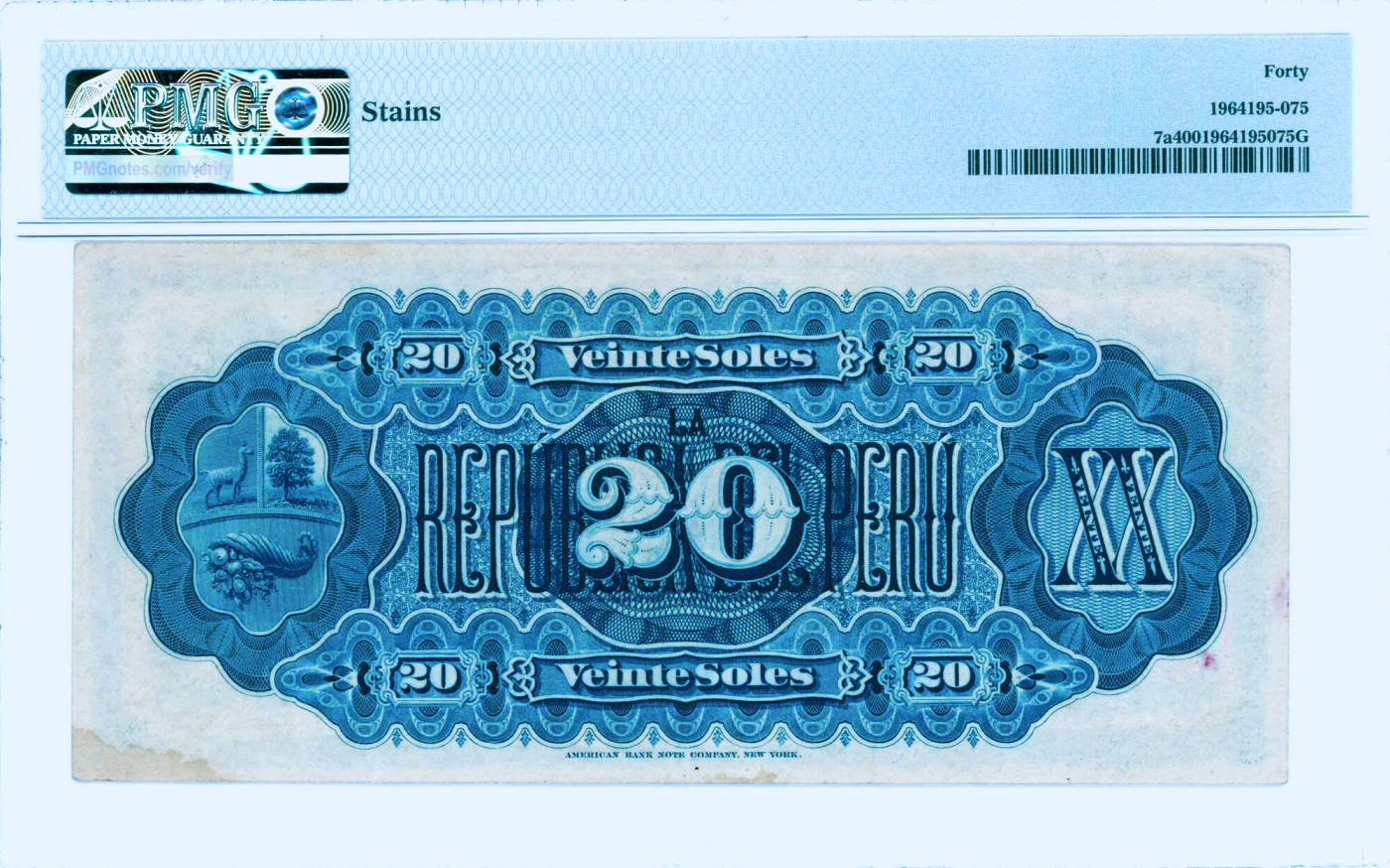 【Blue Auction】✨世界纸币精拍第466期【精】 【百年风云 早期p7a少见】秘鲁 1879年20索尔 ABNC出品 主图完整雕刻精美 PMG40 实钞精美 