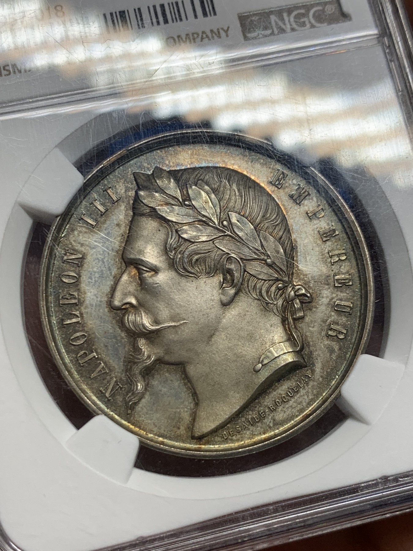 《竞宝斋》第262场-周日，周一，周二 3场连拍 (全场包邮) NGC MS64 法国1862年拿破仑三世农业银章。非常漂亮的大银章，没见过类似的在拍卖会上出现。顶级黄油光。