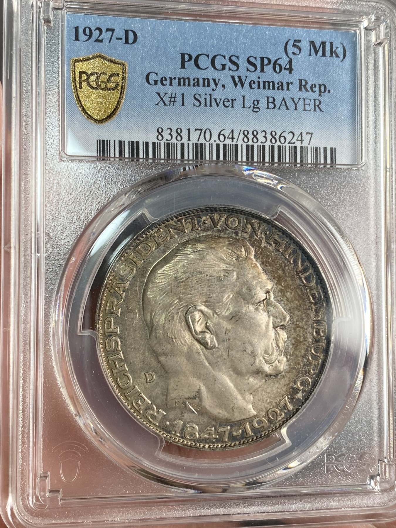 万国钱币拍卖第024期（诸神之战） PCGS SP64 1927年德国魏玛共和国总统兴登堡总统80大寿纪念5马克币章 卡尔哥茨设计 淡色欧洲酱彩