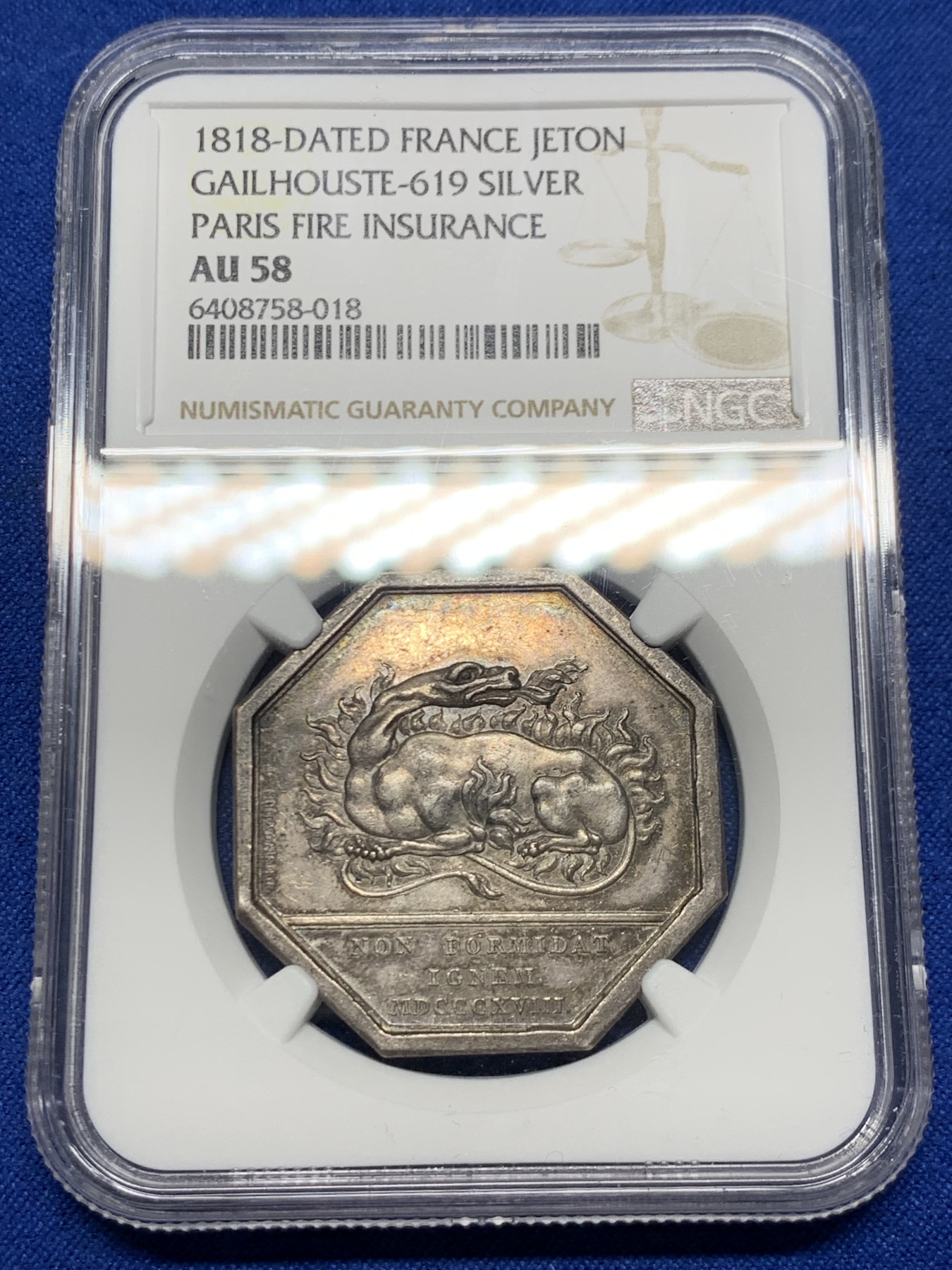 《竞宝斋》第262场-周日，周一，周二 3场连拍 (全场包邮) NGC AU58 法国1818年巴黎火灾保险公司八角银jeton，原味小火龙