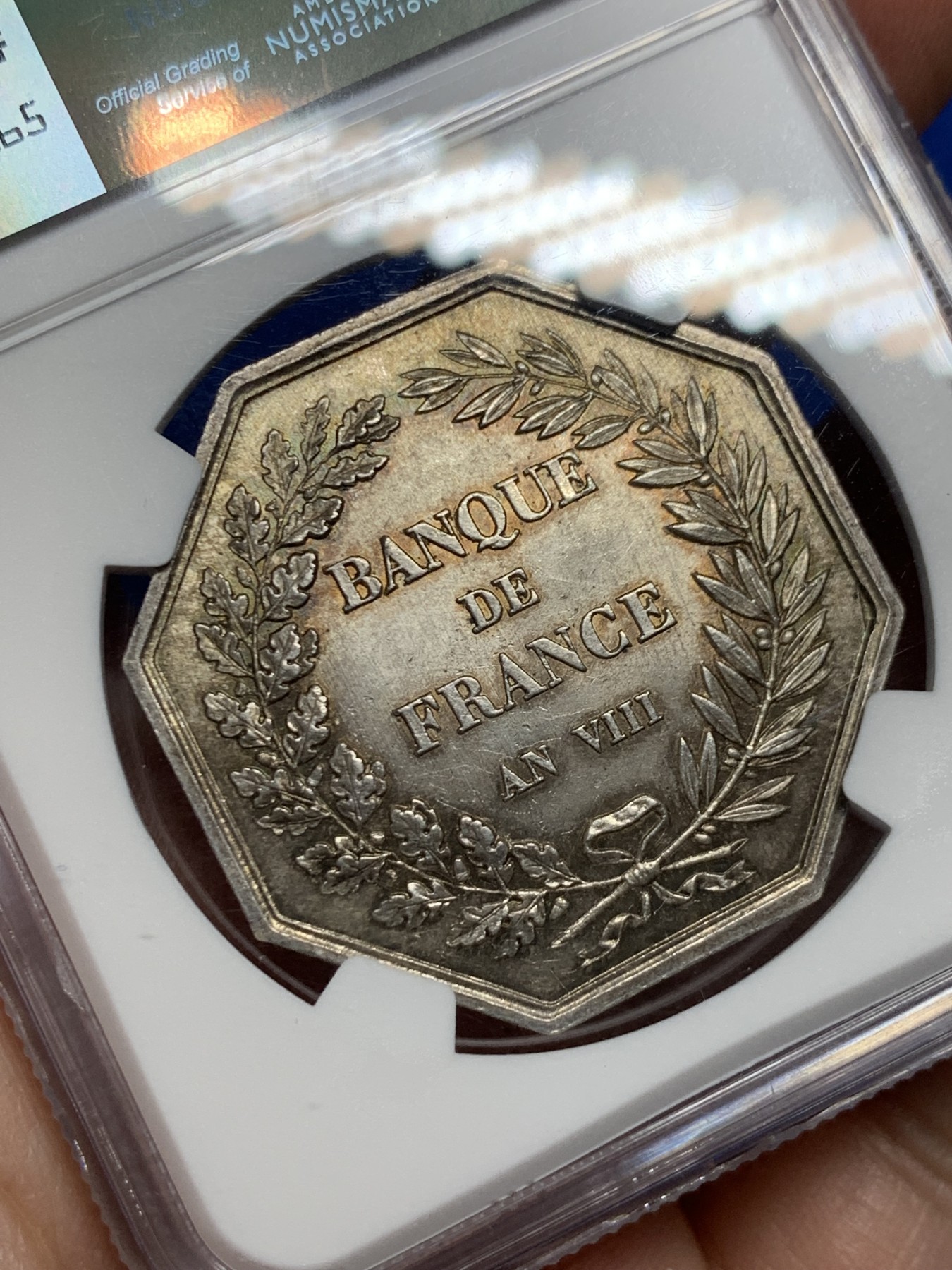 《竞宝斋》第262场-周日，周一，周二 3场连拍 (全场包邮) NGC MS64 法国法兰西银行八角银质代币，丰饶角边铭，19世纪后铸