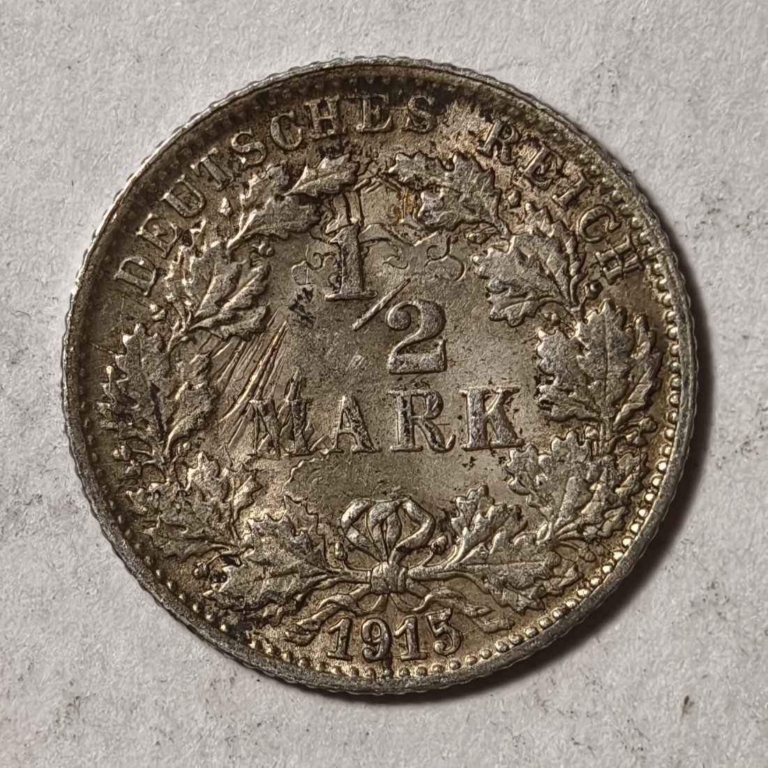 紫瑗钱币——第342期拍卖 德国 1915年 F版 第二帝国 1/2马克 银币 2.77克 0.9银 UNC 透打