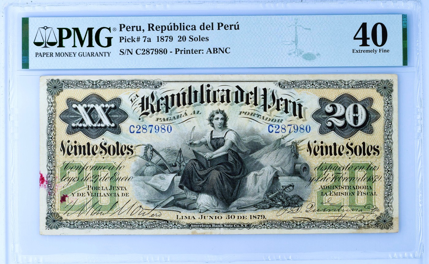 【Blue Auction】✨世界纸币精拍第466期【精】 【百年风云 早期p7a少见】秘鲁 1879年20索尔 ABNC出品 主图完整雕刻精美 PMG40 实钞精美 