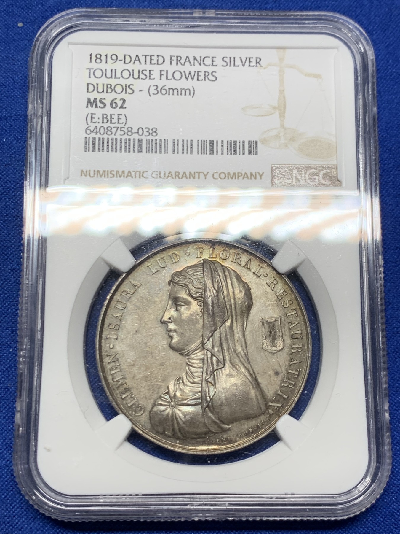 《竞宝斋》第262场-周日，周一，周二 3场连拍 (全场包邮) NGC MS62 法国图卢兹花卉节银质jeton，女诗人克莱蒙·伊索尔