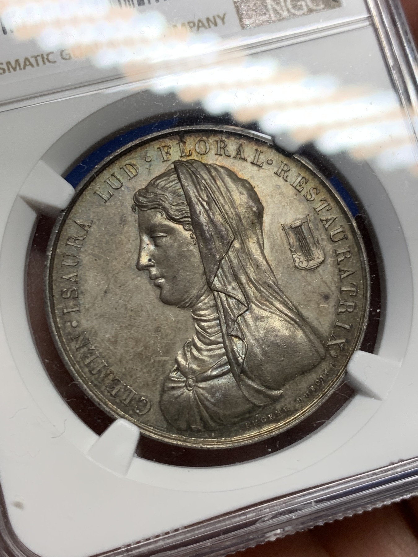 《竞宝斋》第262场-周日，周一，周二 3场连拍 (全场包邮) NGC MS62 法国图卢兹花卉节银质jeton，女诗人克莱蒙·伊索尔