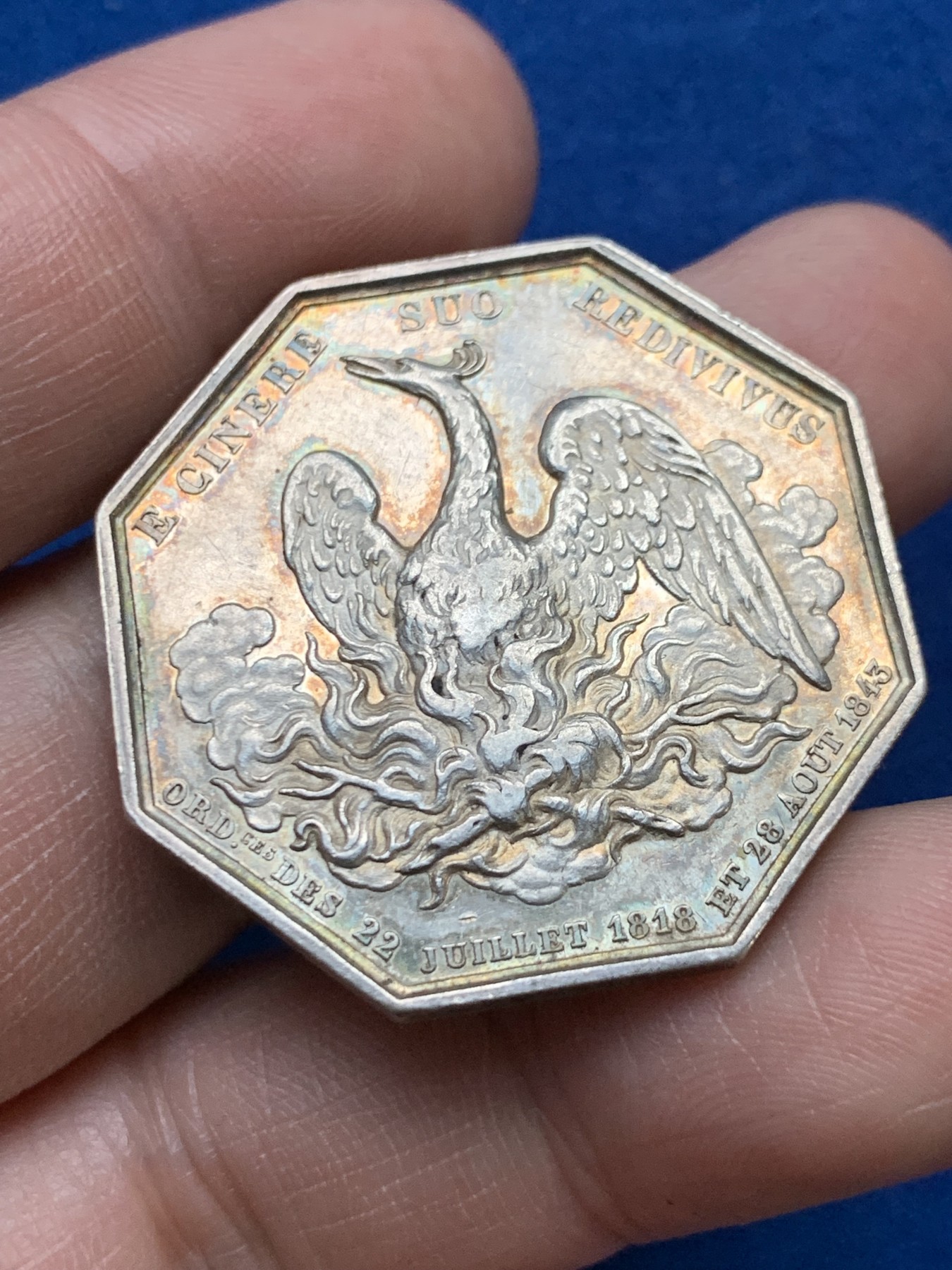 《竞宝斋》第262场-周日，周一，周二 3场连拍 (全场包邮) 法国塞纳河火灾保险公司凤凰八角银质代币，16.75克，34.5mm，船首边铭银标