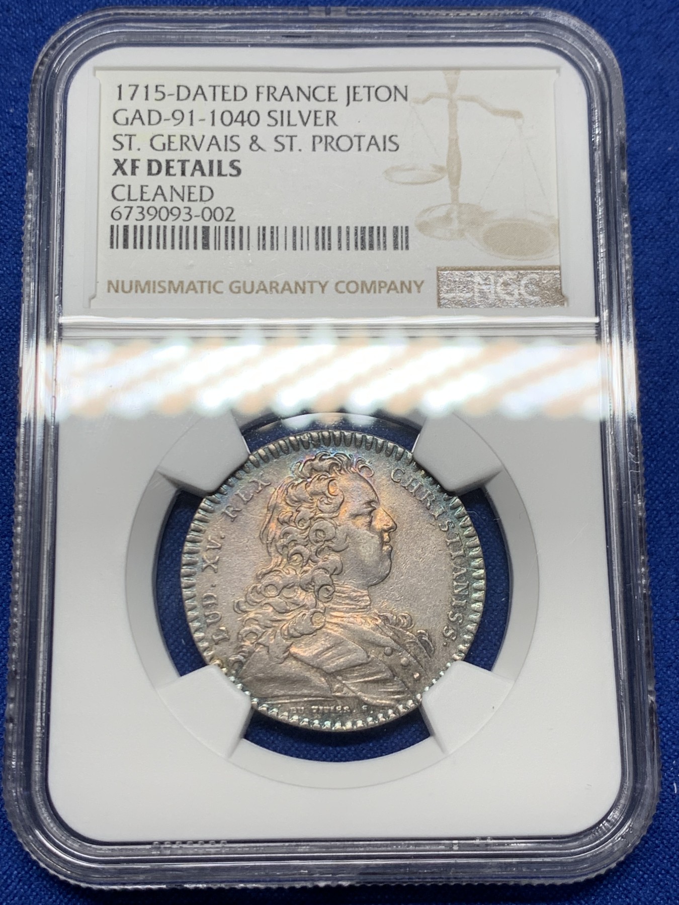 《竞宝斋》第262场-周日，周一，周二 3场连拍 (全场包邮) NGC XFD 法国1715路易十五圆形银质代币