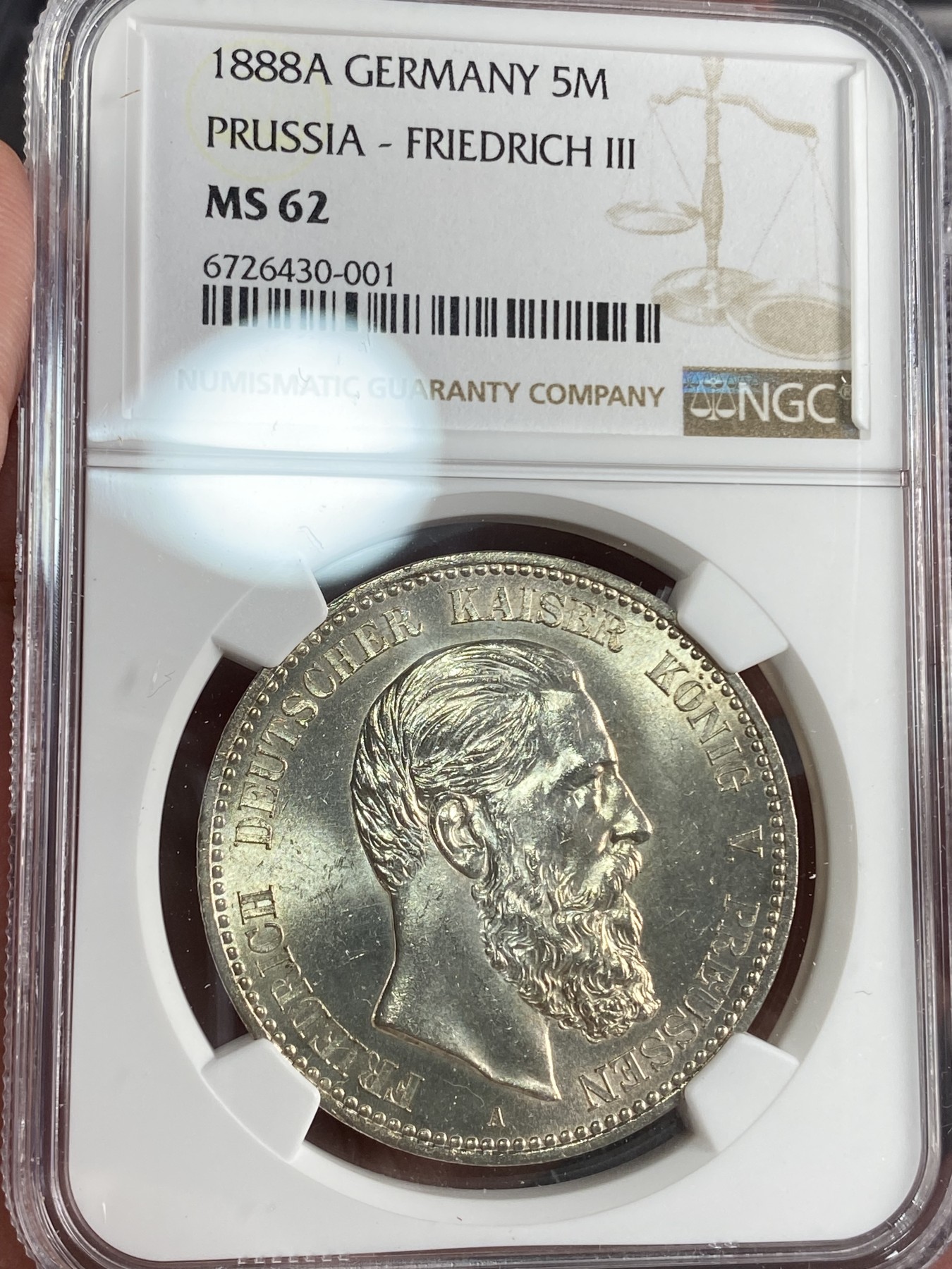 万国钱币拍卖第024期（诸神之战） NGC MS62 1888普鲁士弗三短翅5马克大银 转光好品